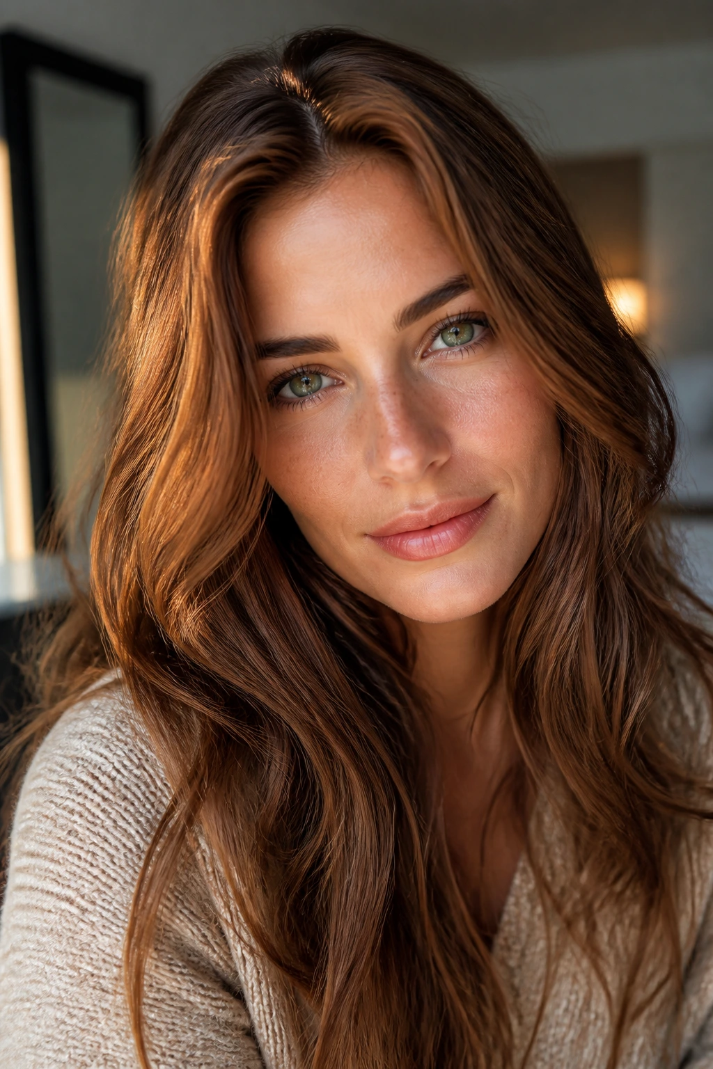 Close-up portrait of a real woman with warm cinnamon brunette hair