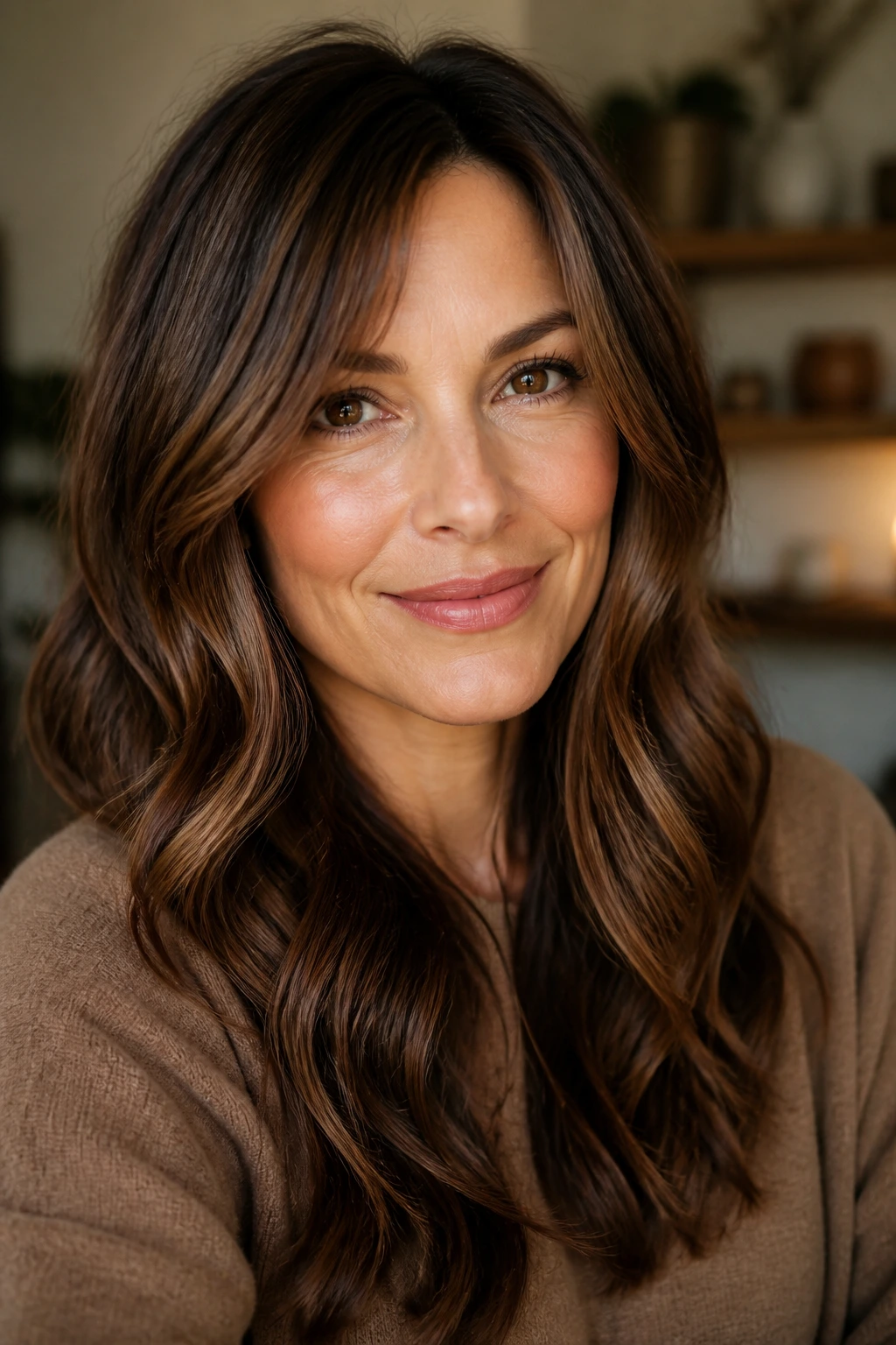 Portrait of a real person with cinnamon brunette hair and cinnamon lowlights