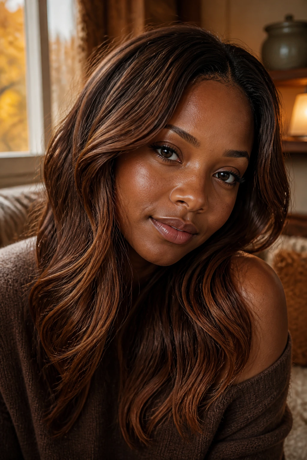 Close-up portrait of a person with cinnamon brunette hair and warm spice tones