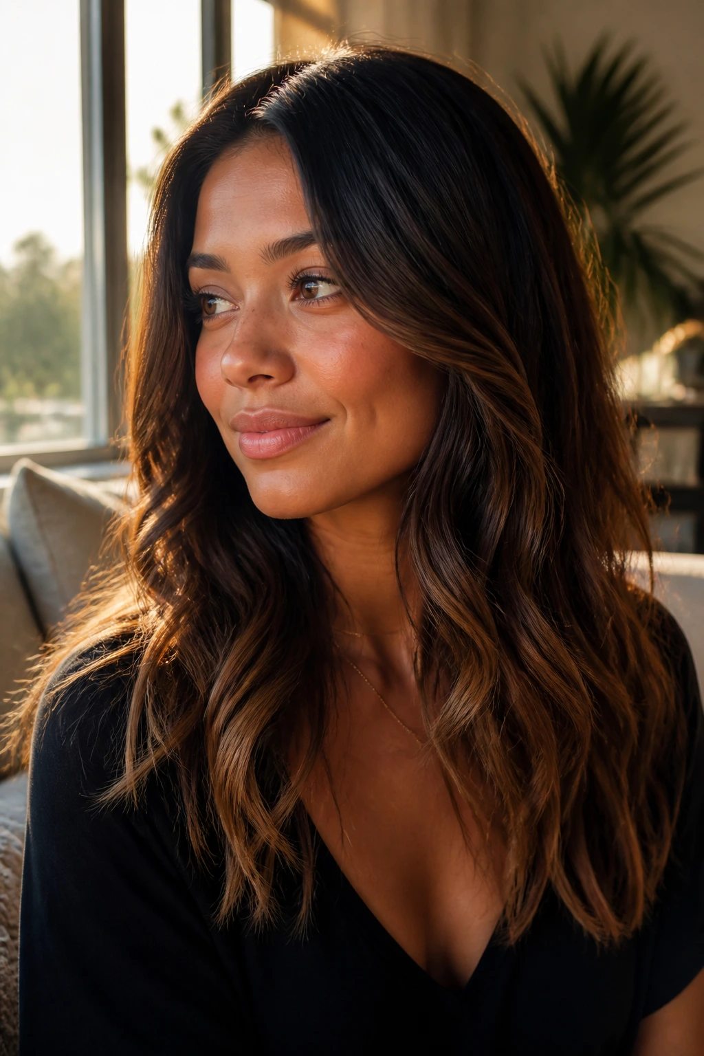 Close-up portrait of a real woman with cinnamon brunette hair and sunlit ends in warm window light