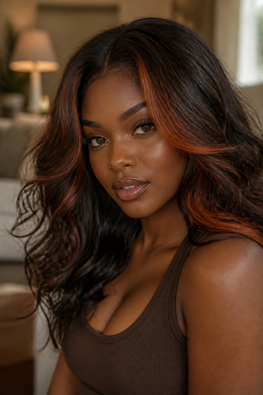 Close-up portrait of a real person with cinnamon brunette hair and spiced copper edges