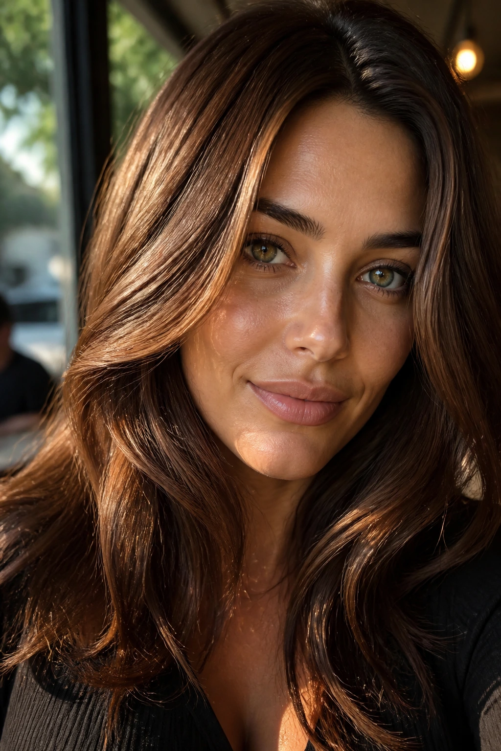 Close-up of a real woman with cinnamon brunette hair and warm light reflections