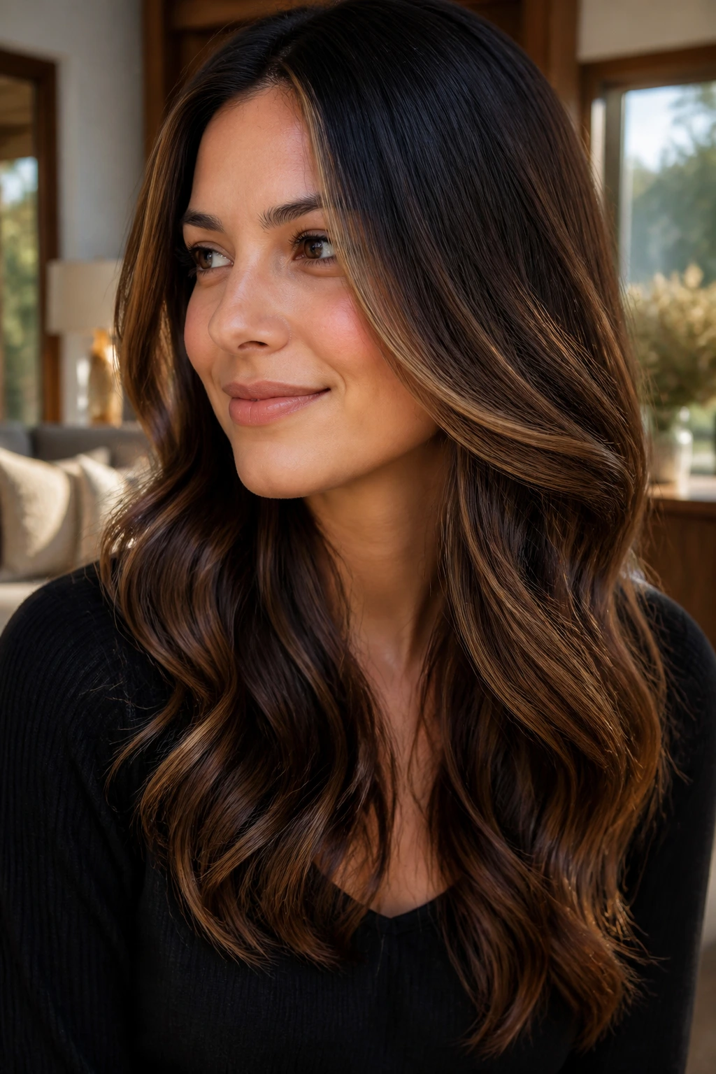 Close-up of a real woman with cinnamon-camel tones in dark hair