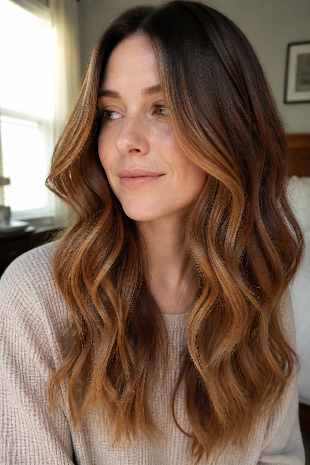 Close-up portrait of a real woman with cinnamon-toffee caramel balayage and warm dimension