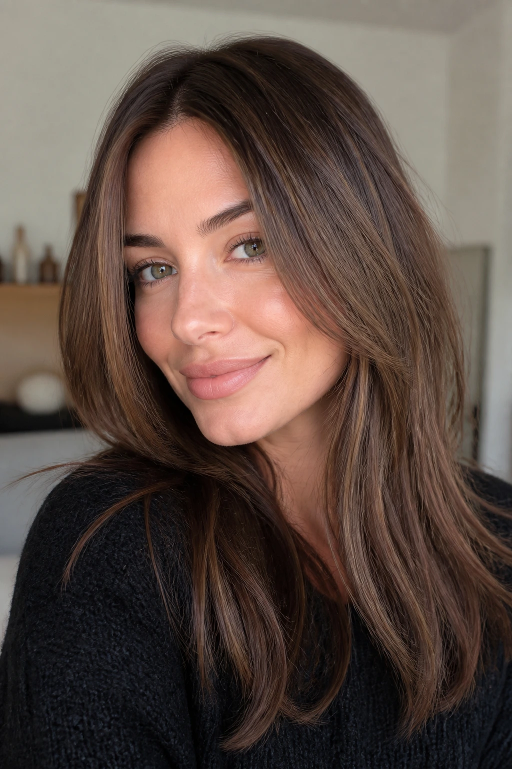 Close-up of hair with cinnamon caramel tones avoiding orange under soft indoor lighting