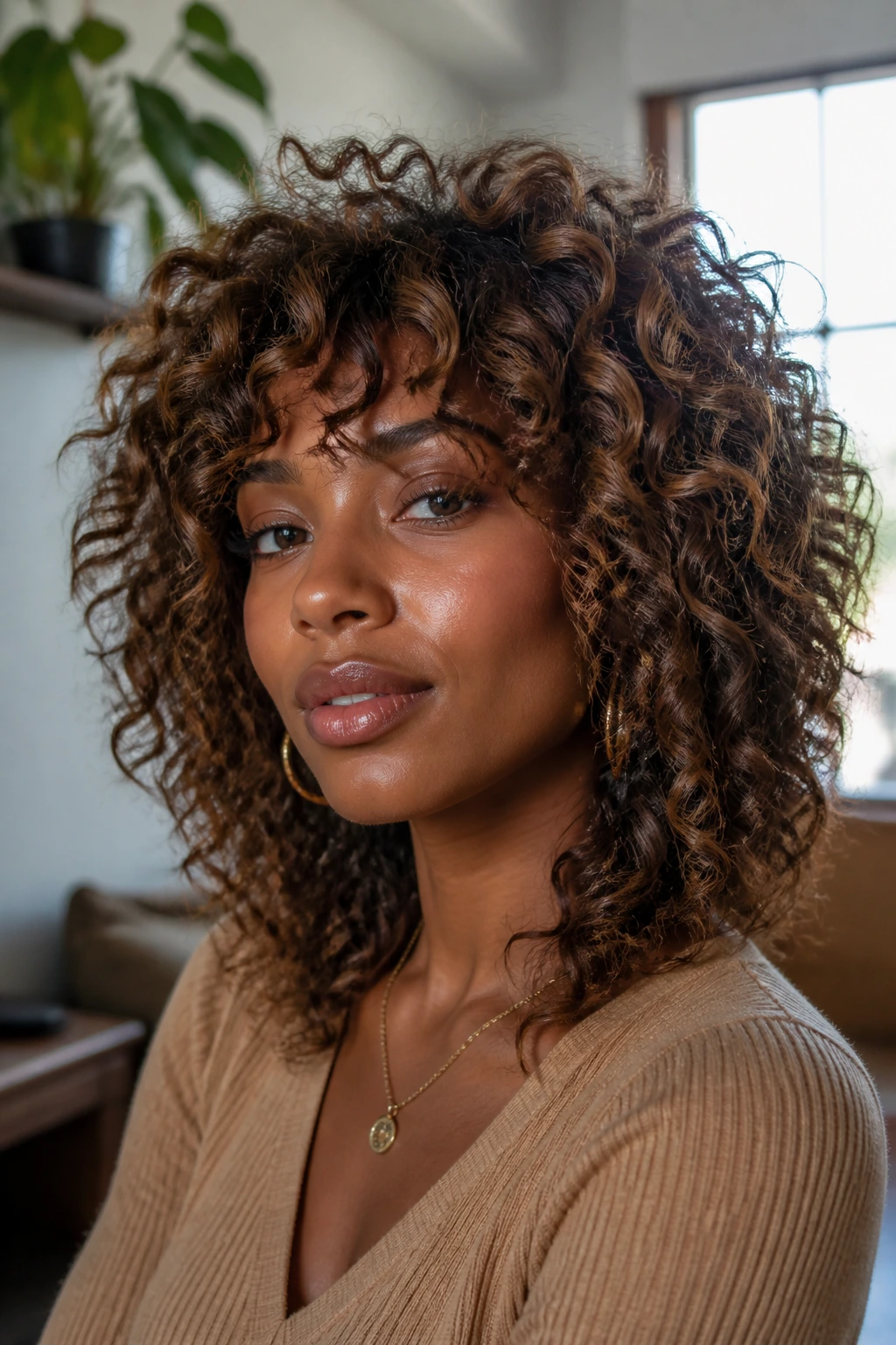 Portrait of a person with cinnamon-caramel curly shag.