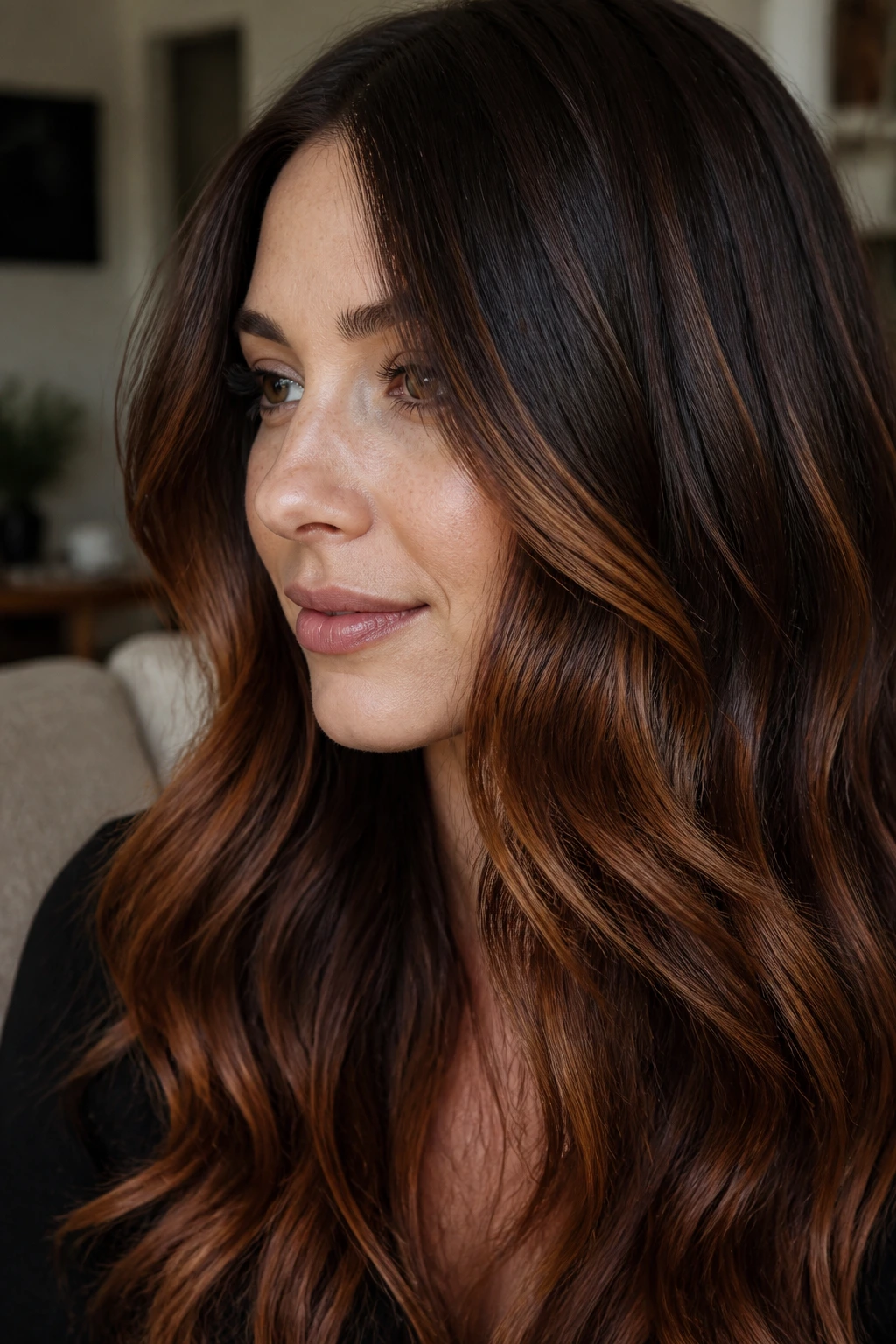 Brunette hair with cinnamon-toned dimension ribbons