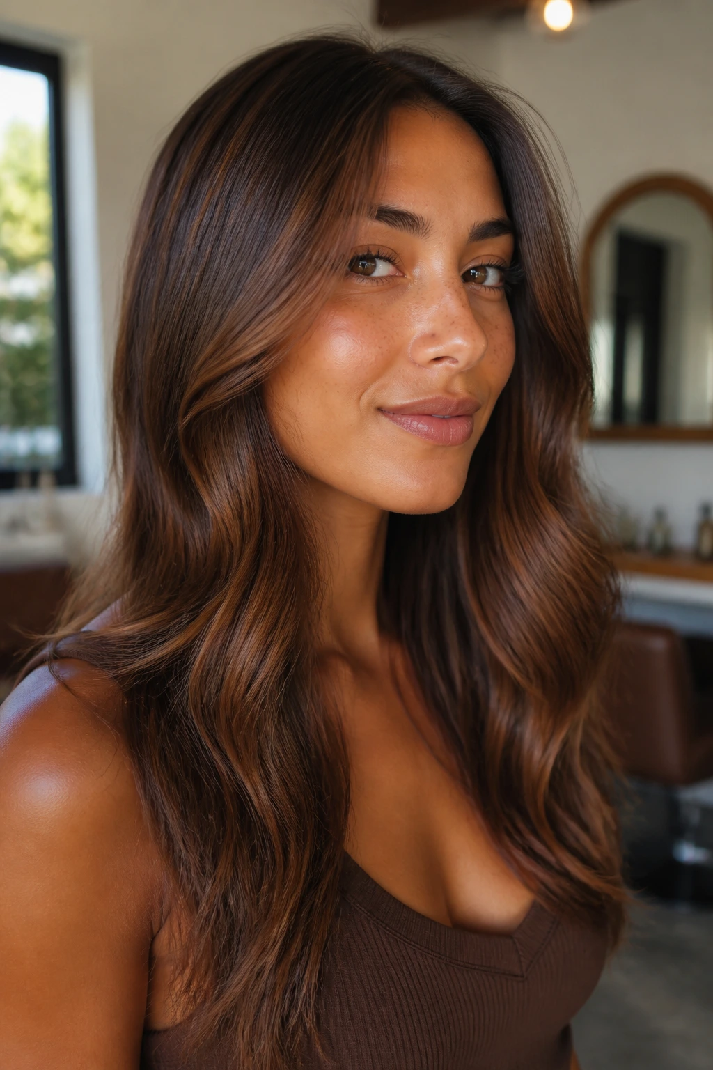 Portrait of a person with cinnamon caramel gloss on level 5 brown hair.