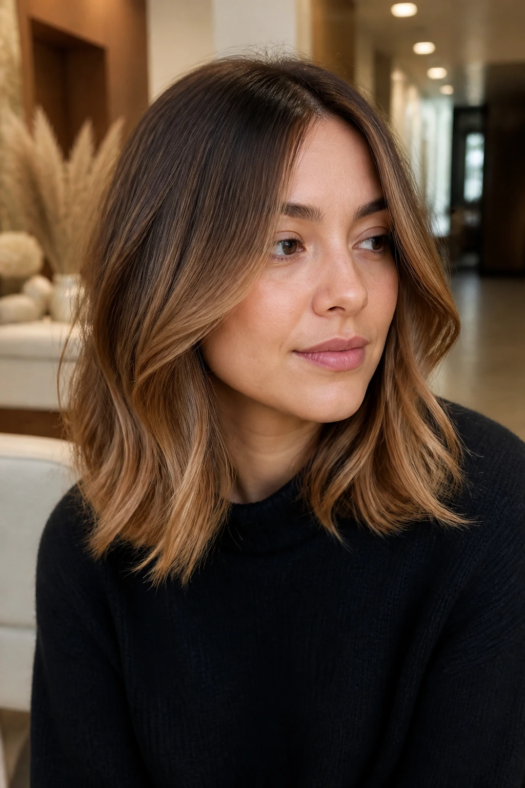 Close-up of a real woman with cinnamon-caramel gradient on shoulder-length layers