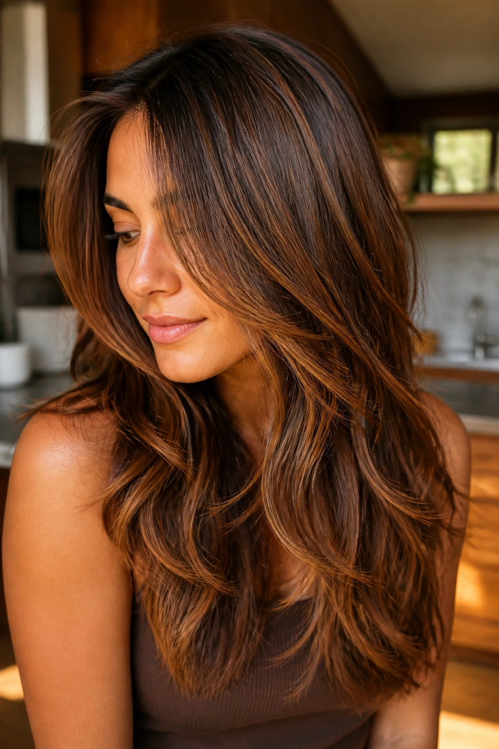 Cinnamon caramel highlights on layered hair of a real person