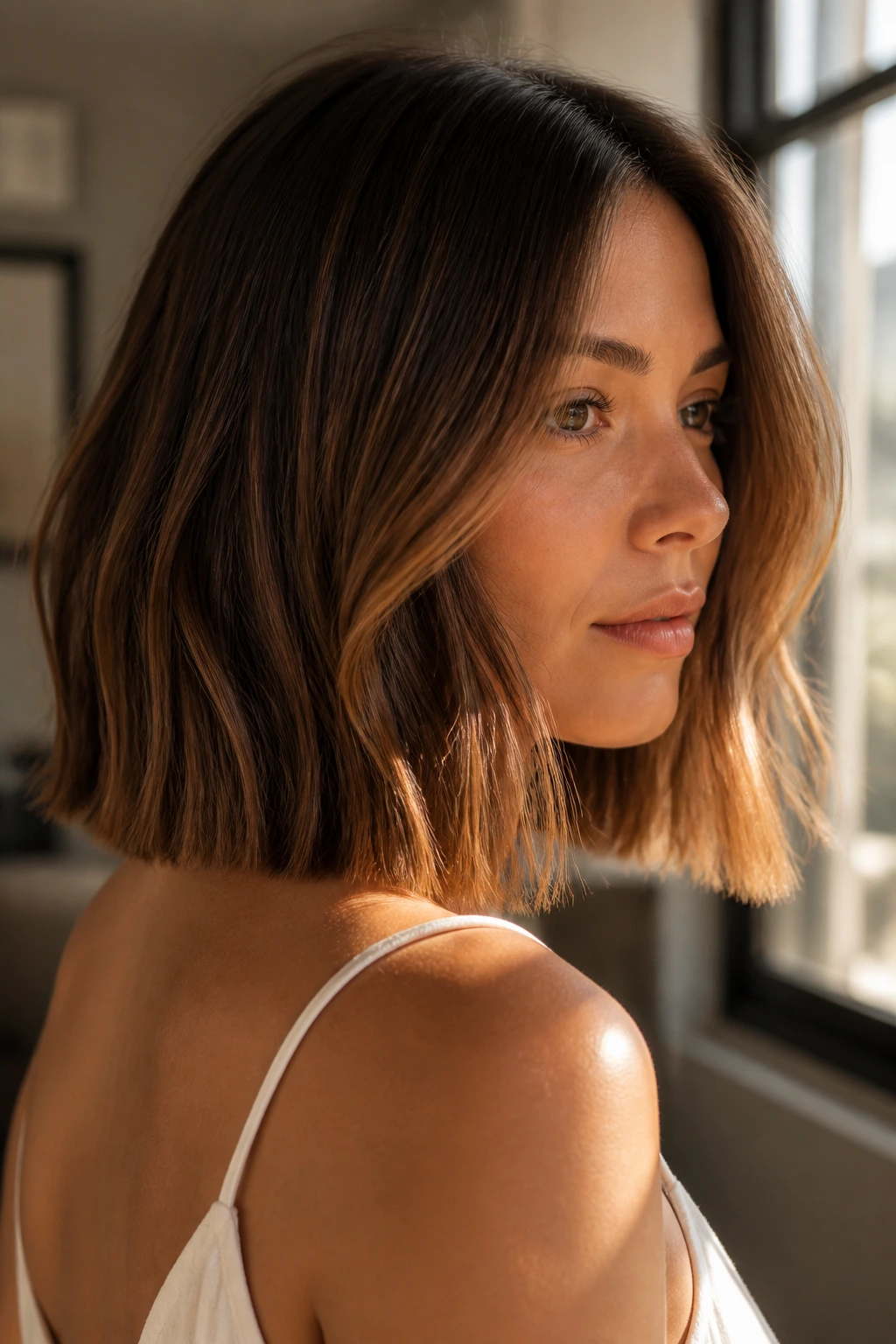 Cinnamon caramel lob on a real person with blunt edge