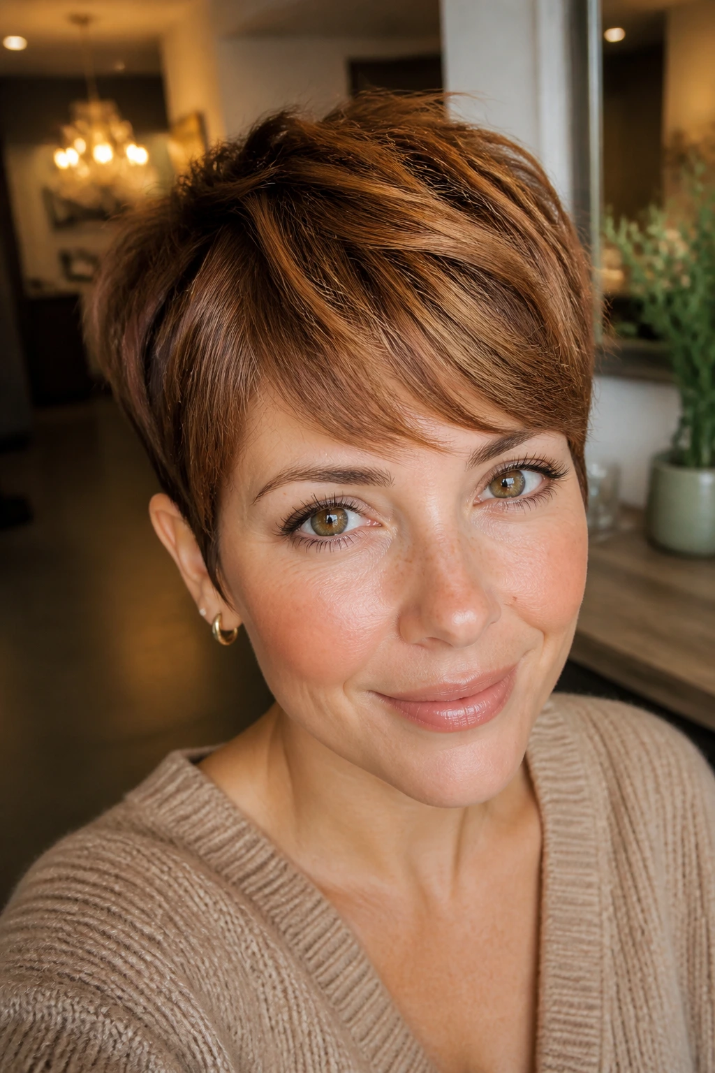 Close-up of a real person with Cinnamon Sugar Caramel Pixie hairstyle, warm cinnamon and caramel tones.