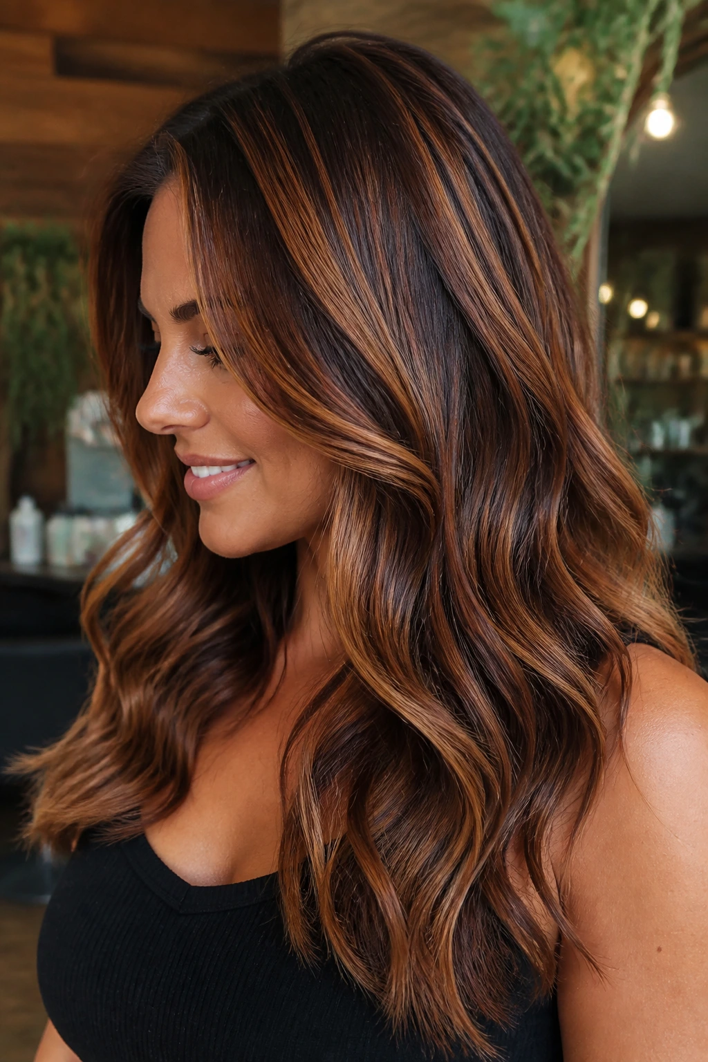 Close-up of a real woman with cinnamon caramel ribbon highlights in warm salon lighting