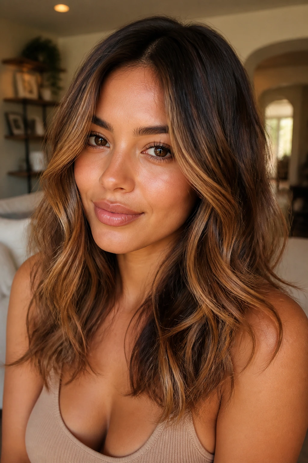 Close-up portrait of tan-skinned woman with cinnamon caramel tones and soft waves