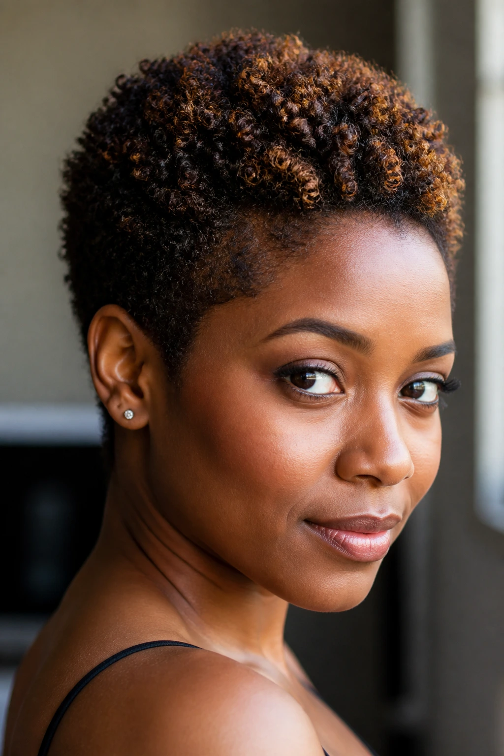 TWA with cinnamon caramel highlights near crown and front edge.