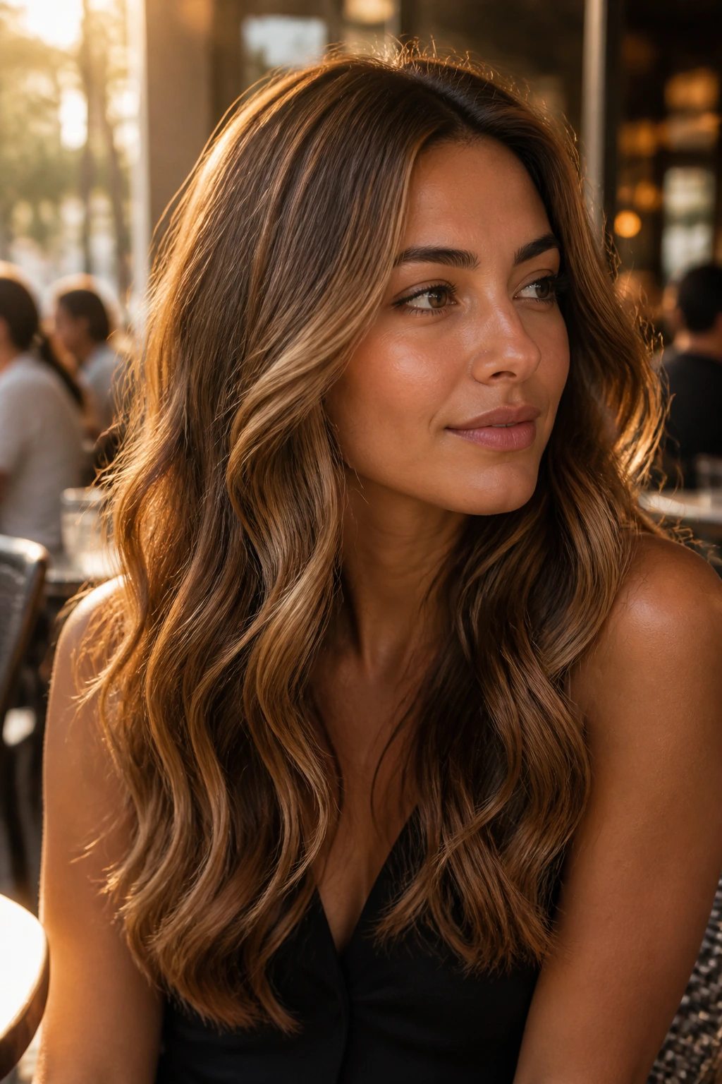 Close-up of a real woman with cinnamon caramel waves in golden hour outdoor light