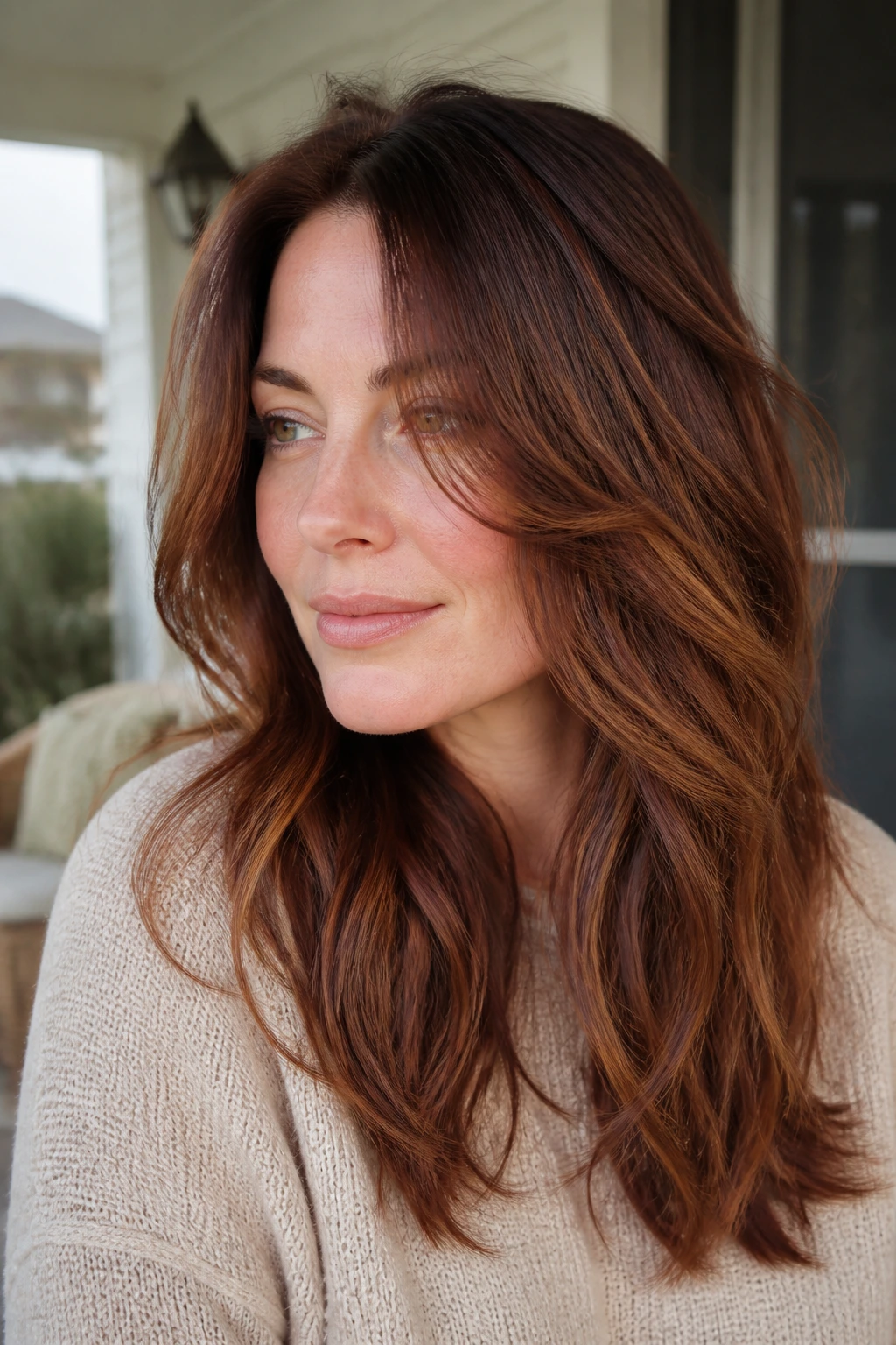 Portrait of a real woman with cinnamon chestnut balayage for gentle depth on layered hair