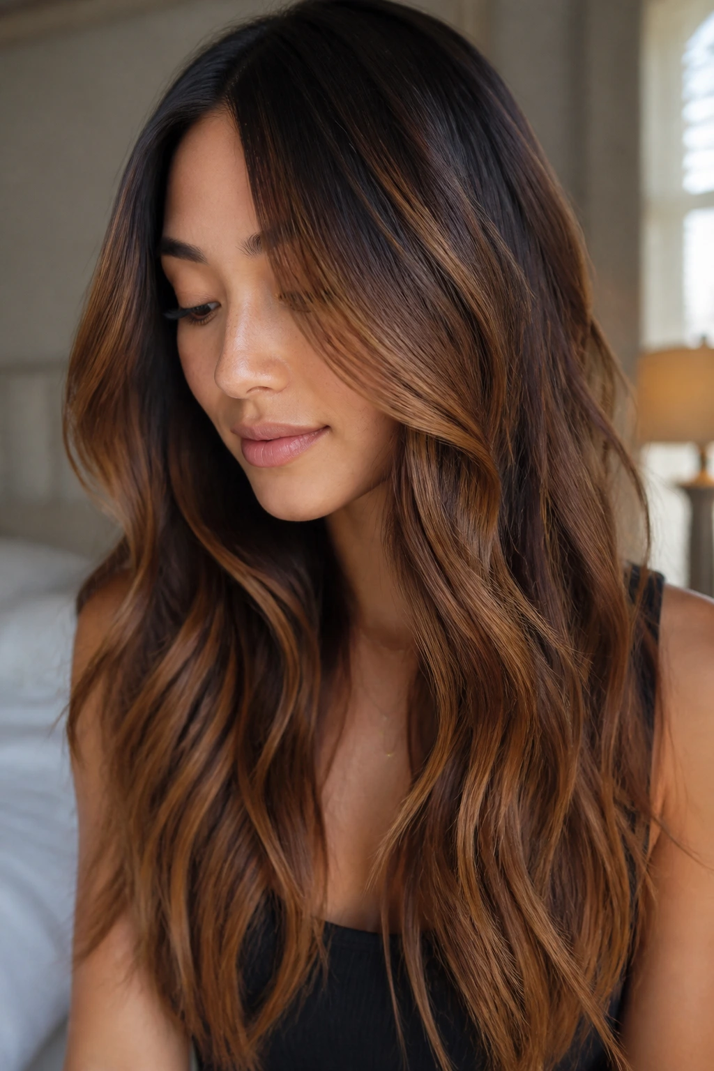 Close-up of cinnamon chestnut balayage on long hair