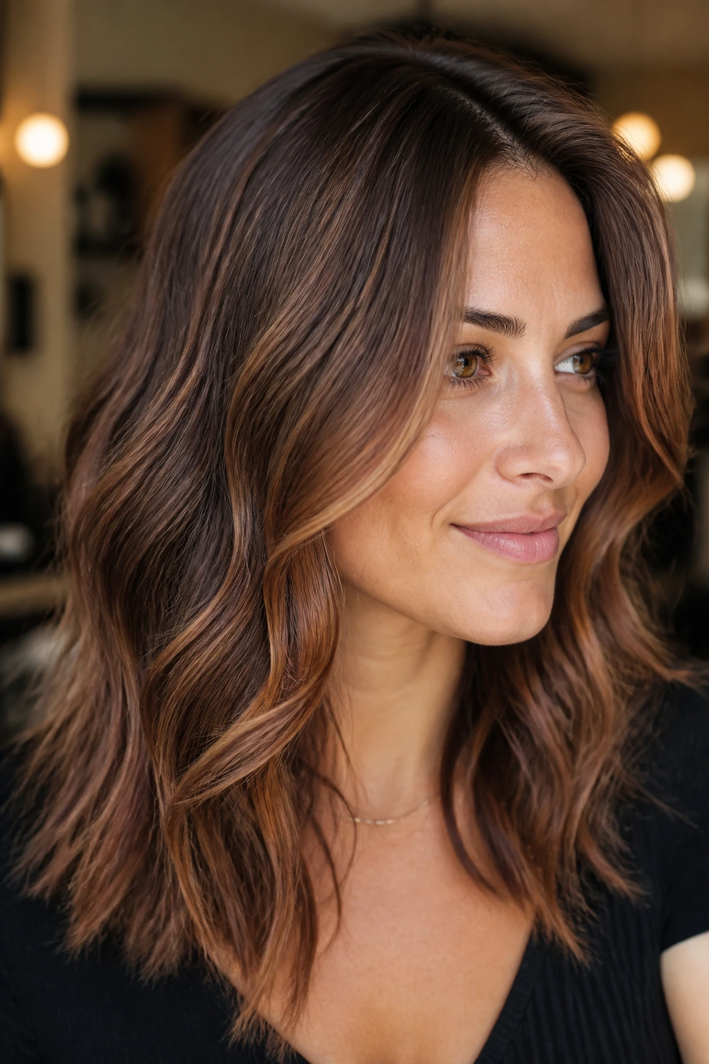 Portrait showing cinnamon chestnut ribbons throughout midlengths on a warm-toned brunette