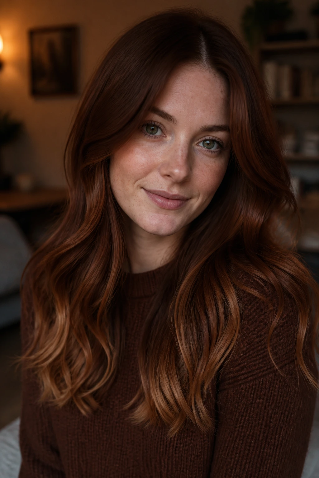 Close-up of a real woman with cinnamon chestnut hair and caramel ends.