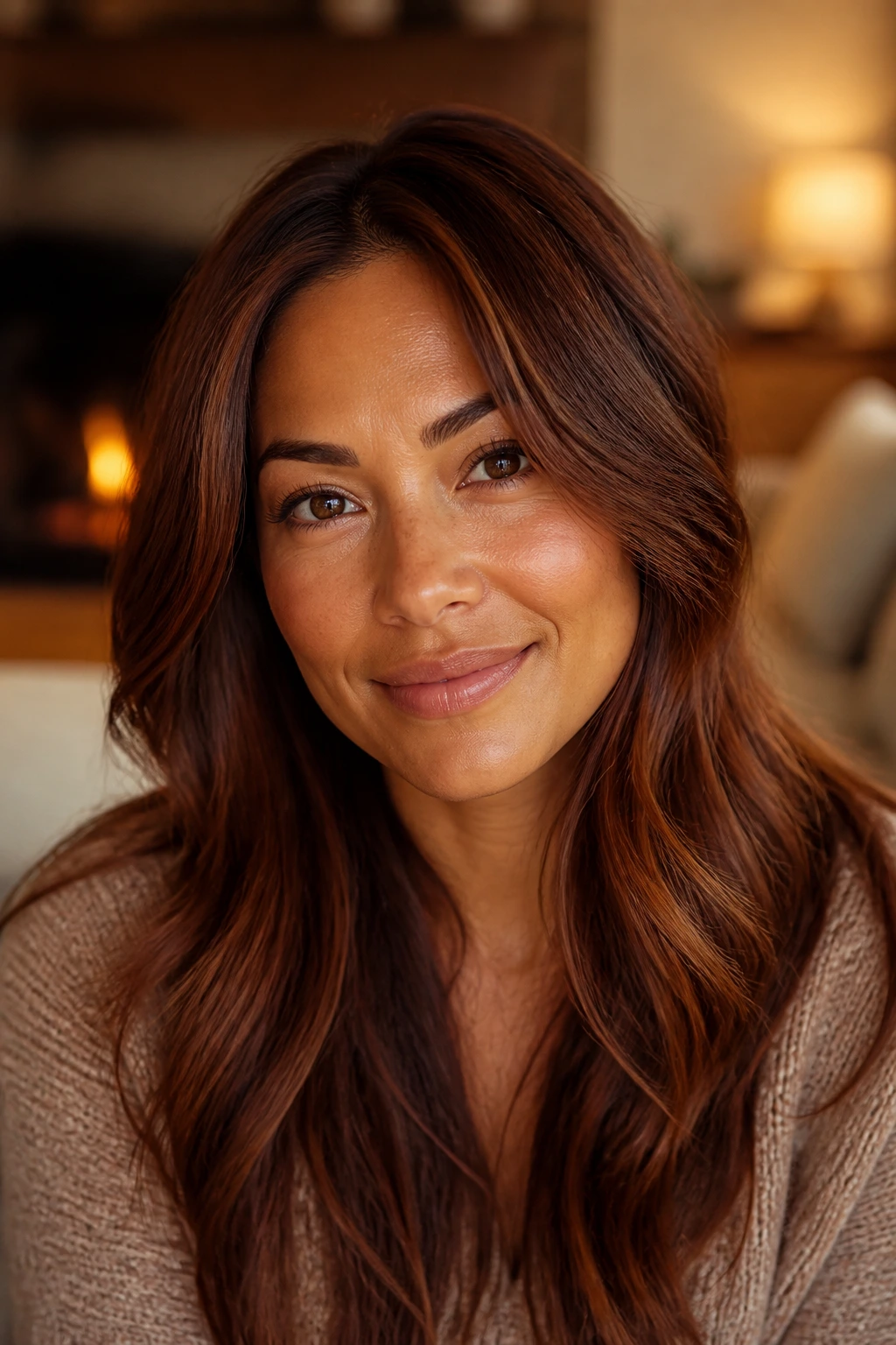 Close-up portrait of a person with cinnamon chestnut hair and warm skin