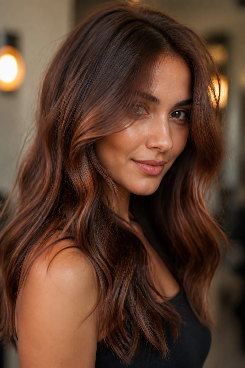Close-up of real person with cinnamon cocoa brown hair color