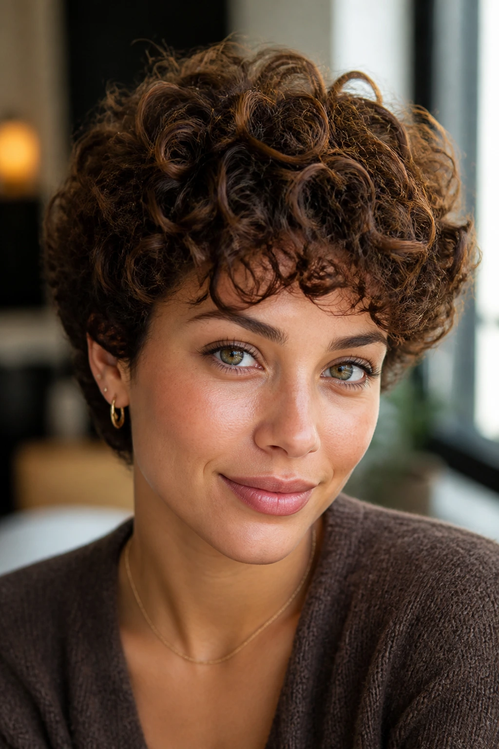 Close-up of real woman with cinnamon-cocoa curly crop and rounded silhouette