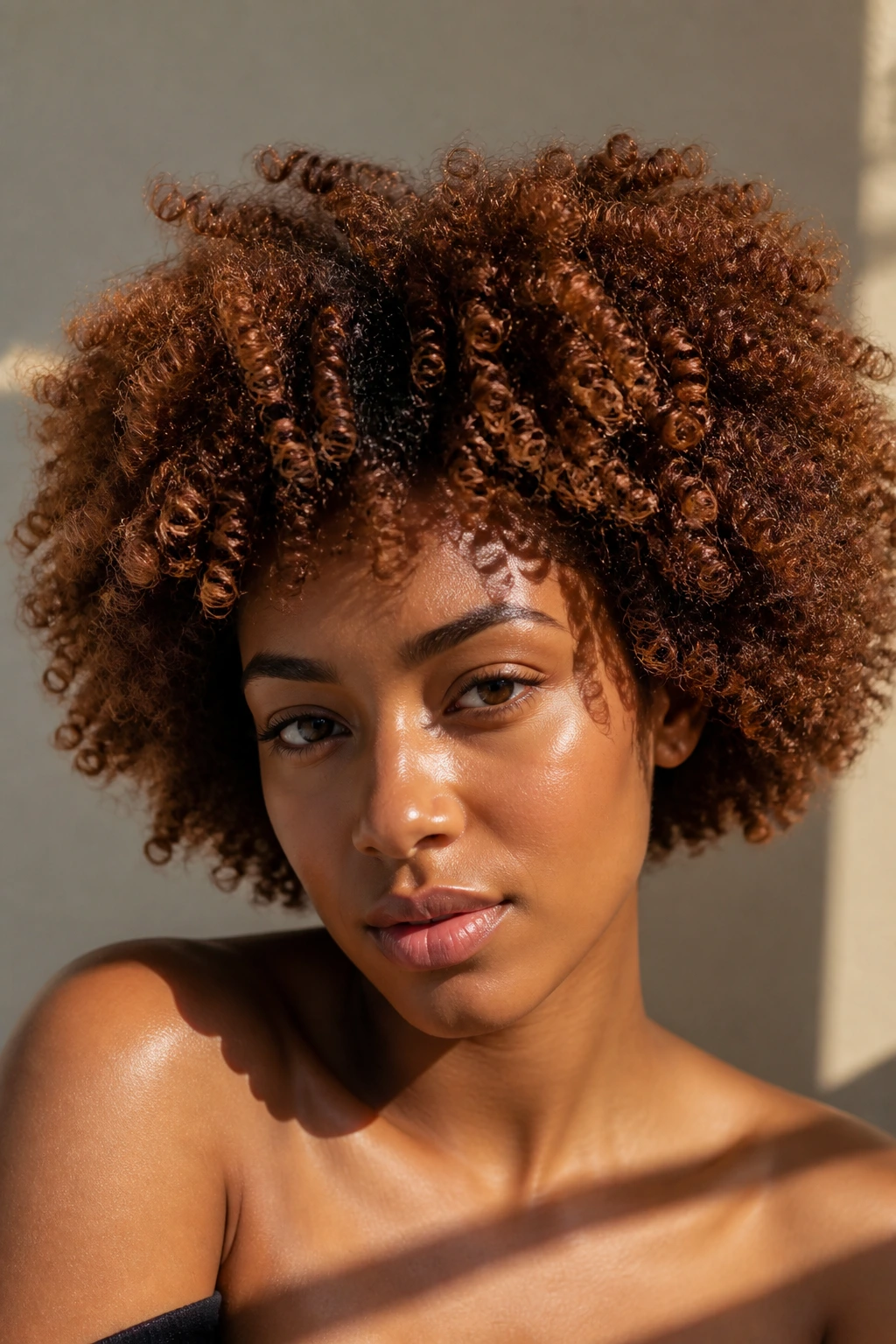 Close-up of a woman with cinnamon coil fro curls in warm red-brown tones