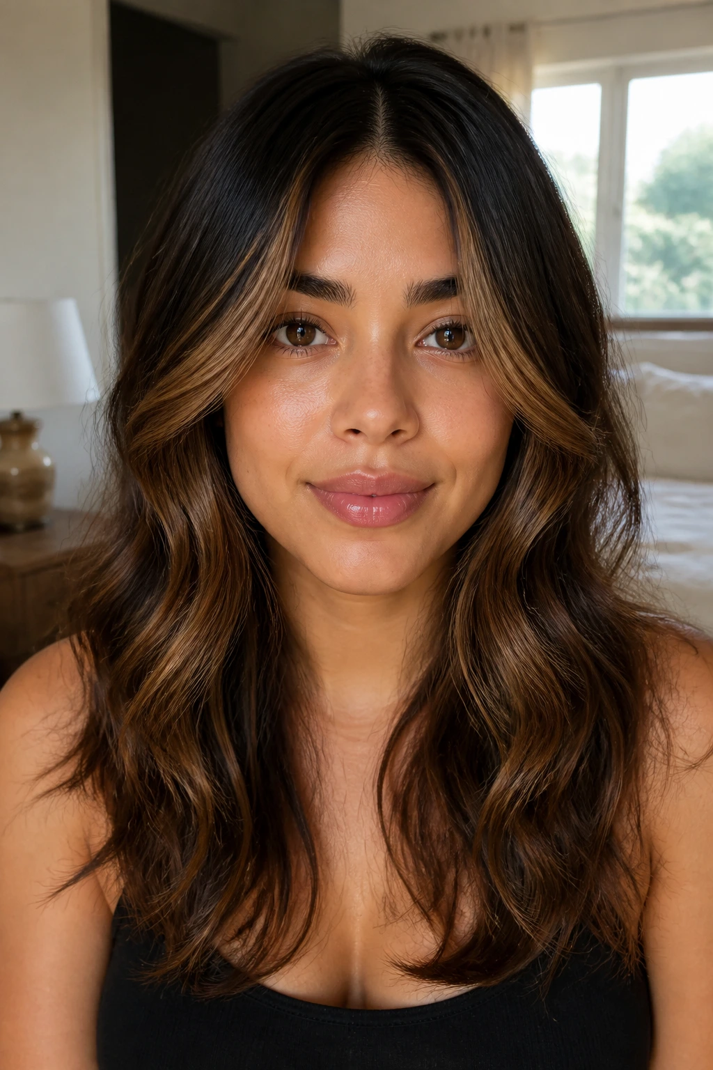 Front portrait of a real woman with cinnamon contour highlights around temples and cheekbones.
