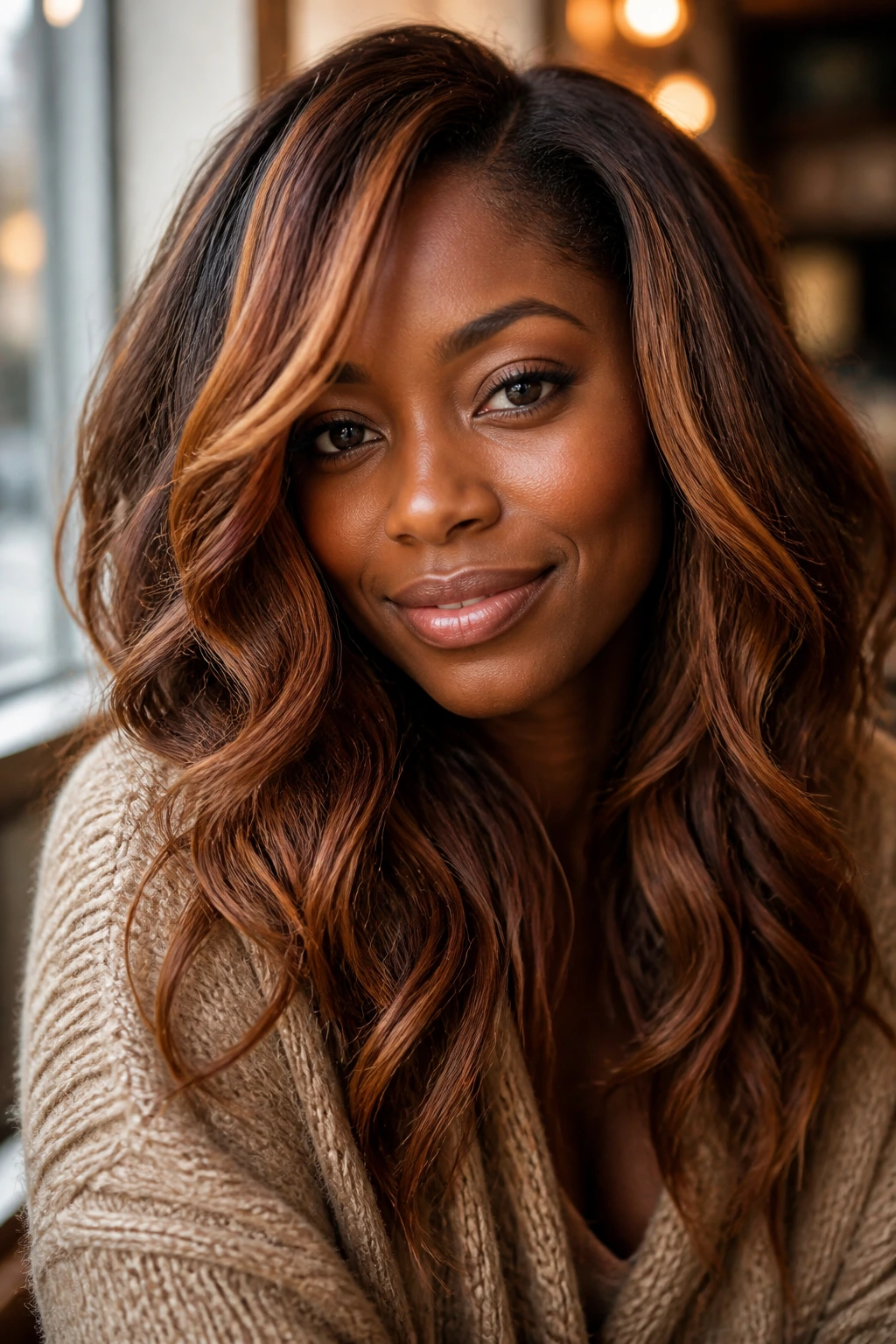 Close-up of a real person with cinnamon copper balayage around the face, warm copper tones