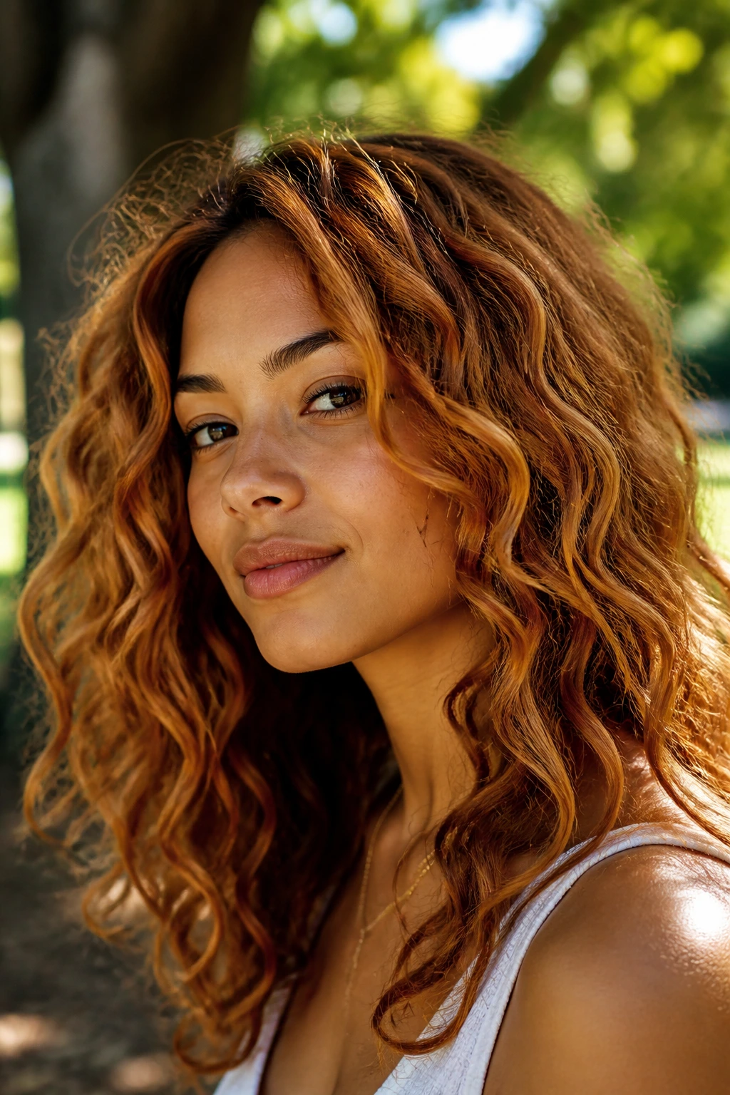 Close-up of cinnamon toast copper hair on a real person with curls.