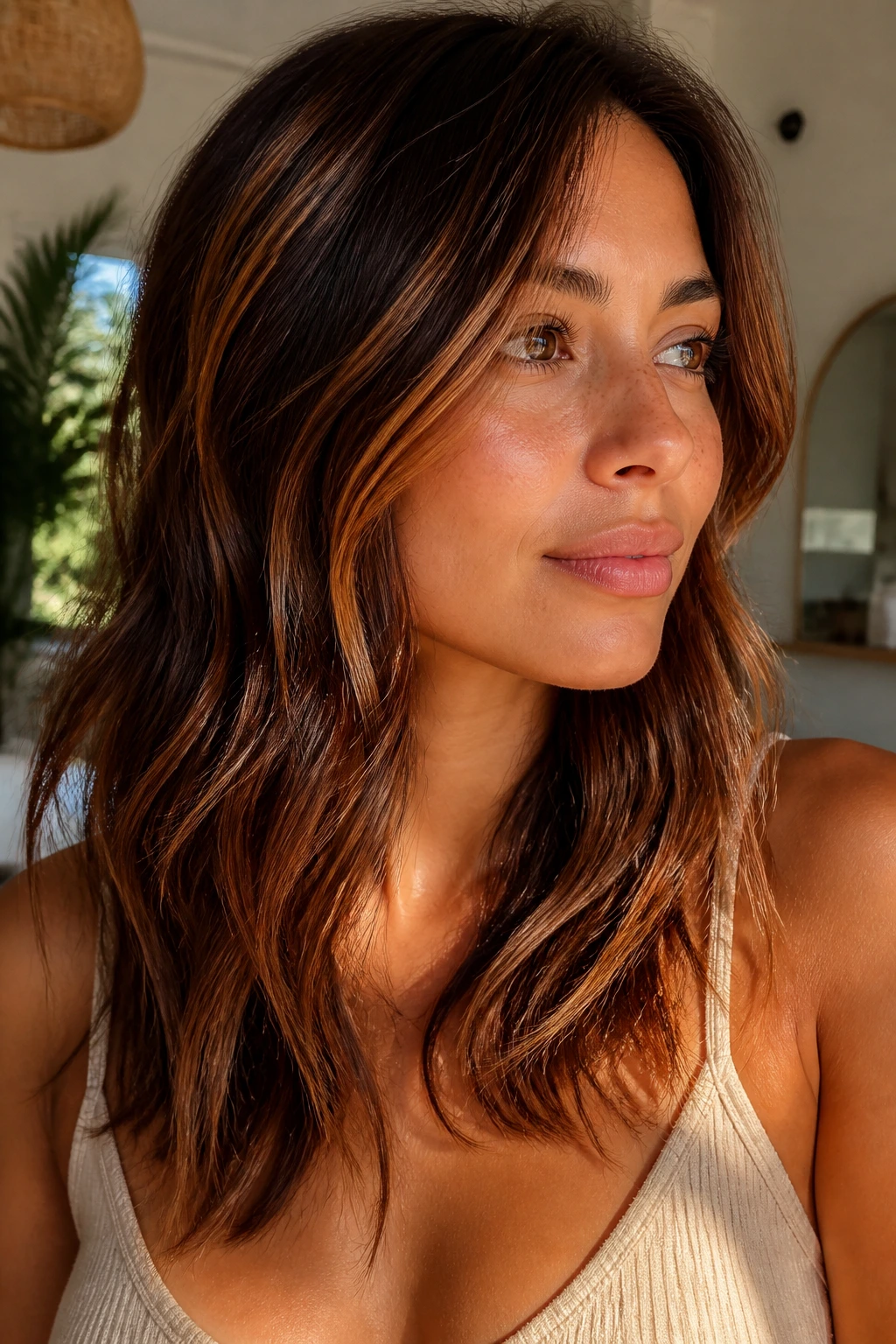 Close-up of hair with cinnamon ribbon highlights woven through mid-lengths in sunlit hair