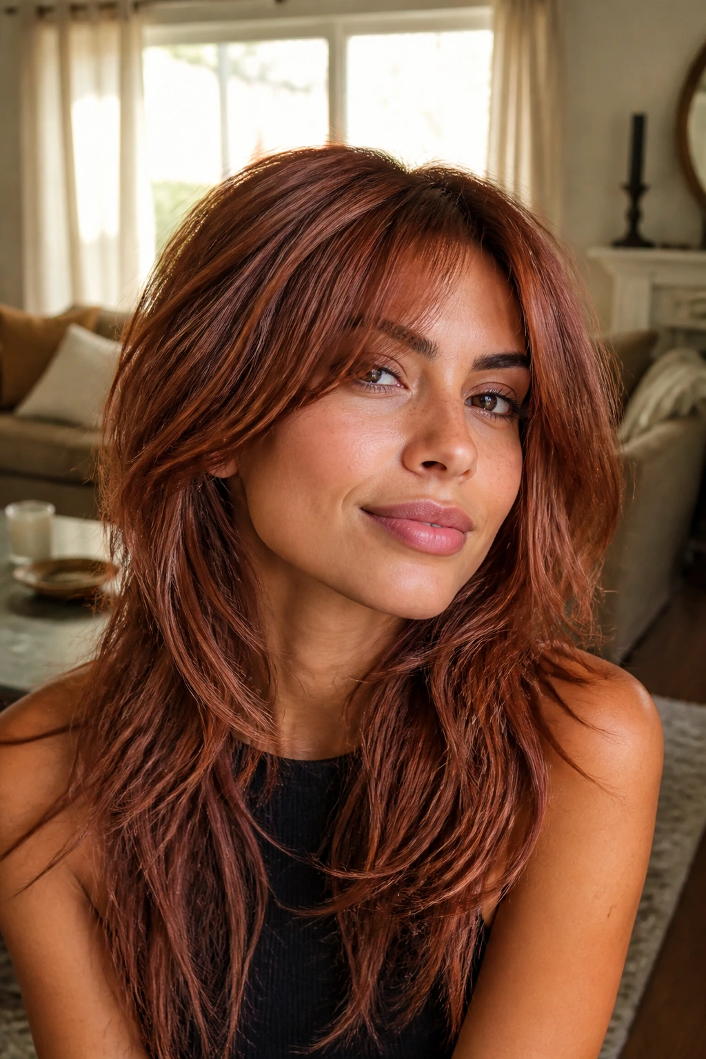 Close-up of a real woman with a cinnamon copper shag in warm window light