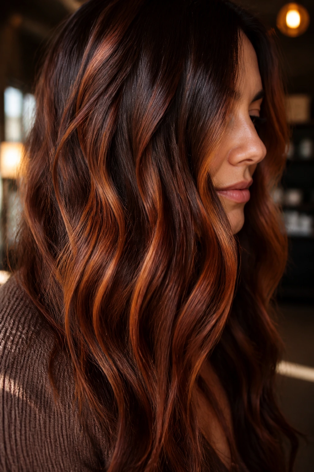 Close-up of brunette hair with cinnamon copper slices in warm light