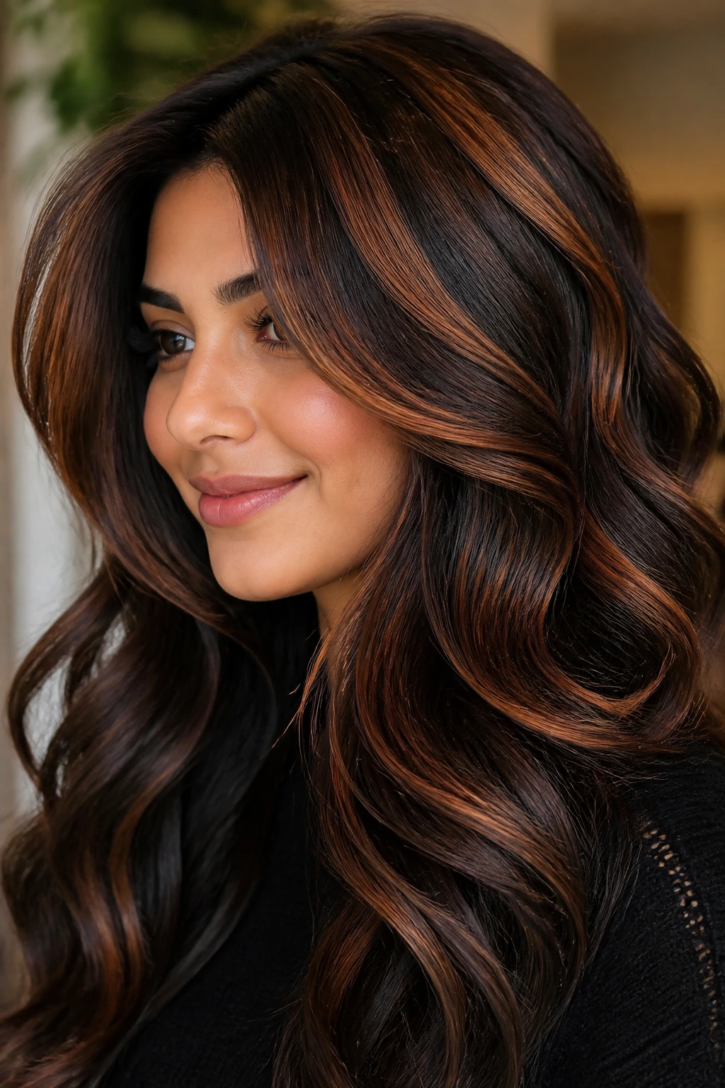 Portrait of a real person with cinnamon copper swirls in layered dark hair