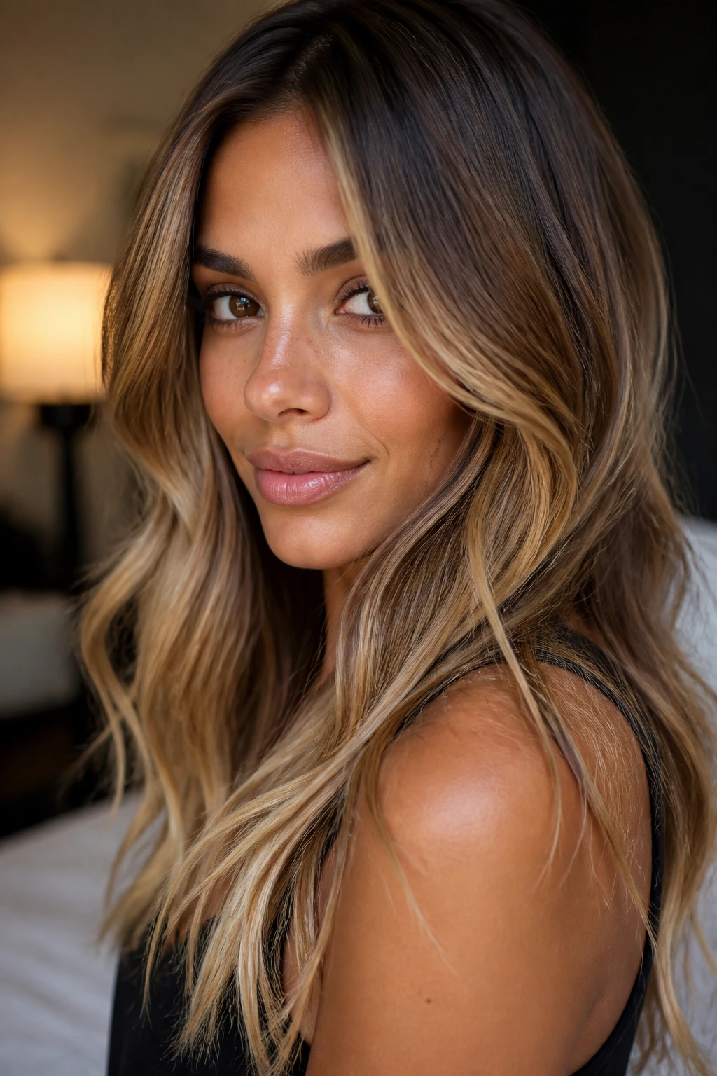 Woman with cinnamon-cream balayage and warm glow