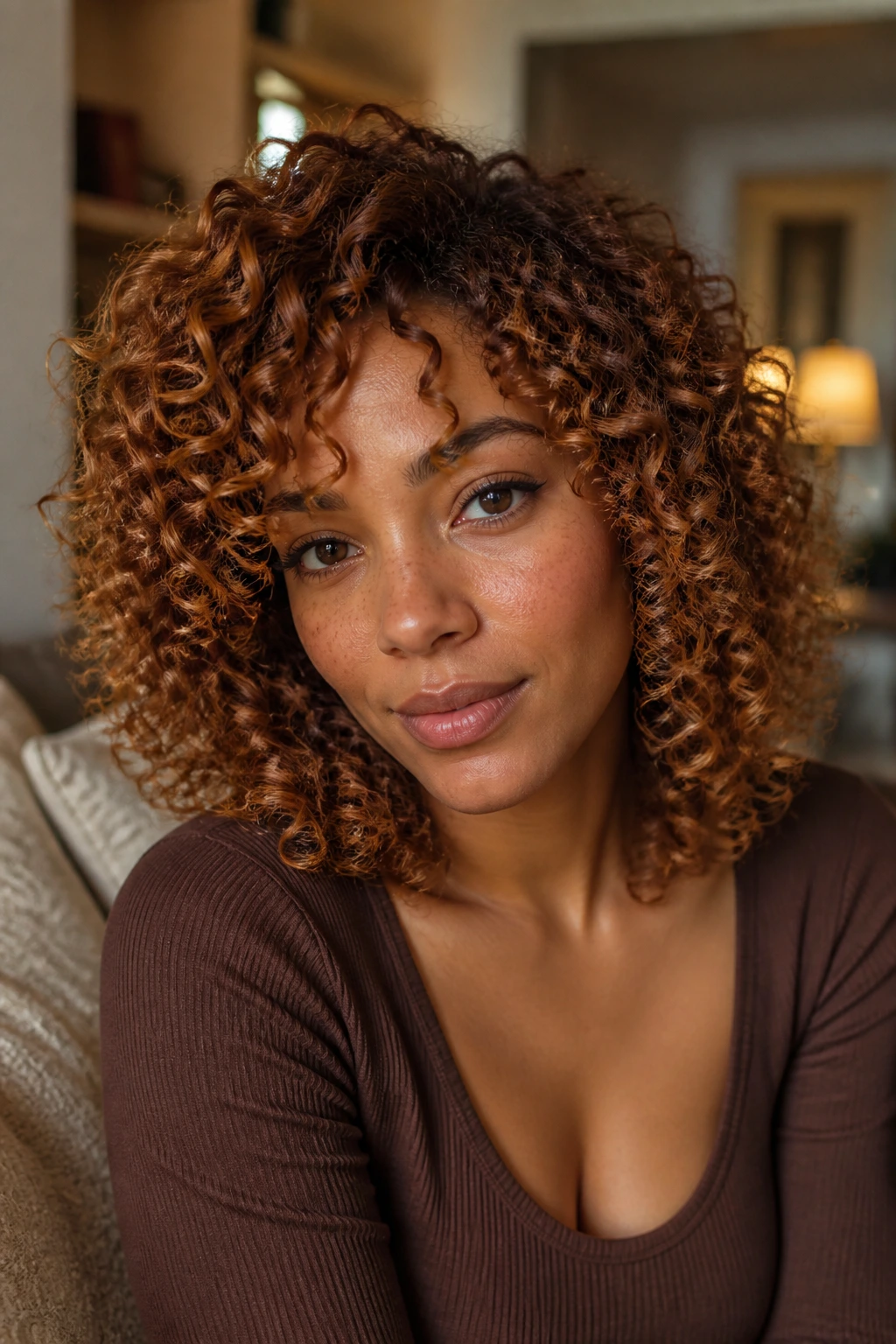 Close-up portrait of a real woman with cinnamon curls halo.