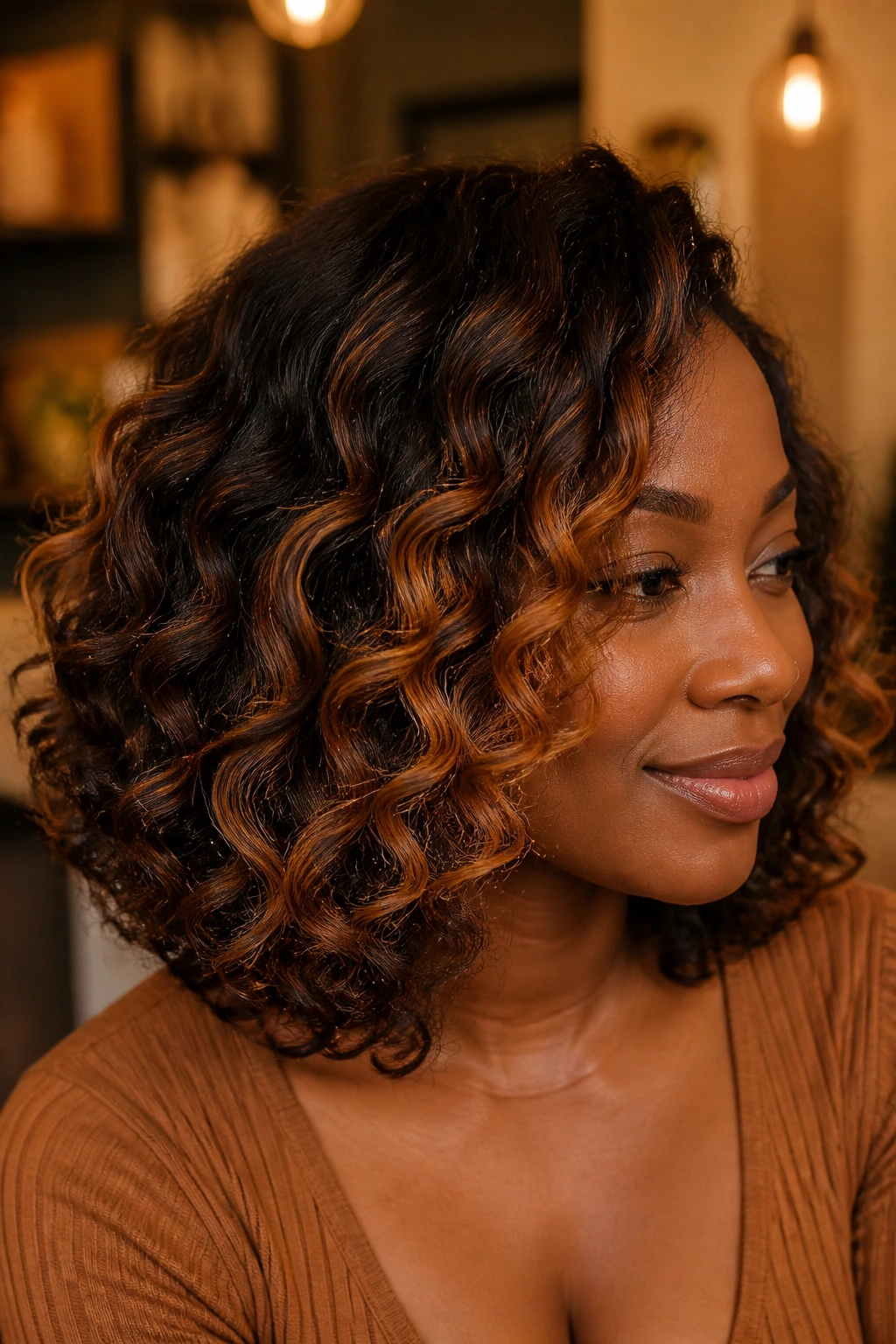 Cinnamon ribbon curls on dark skin, ribbons framing the face