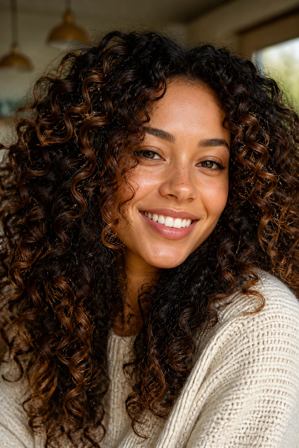 Cinnamon curls with dimensional caramel highlights on thick hair