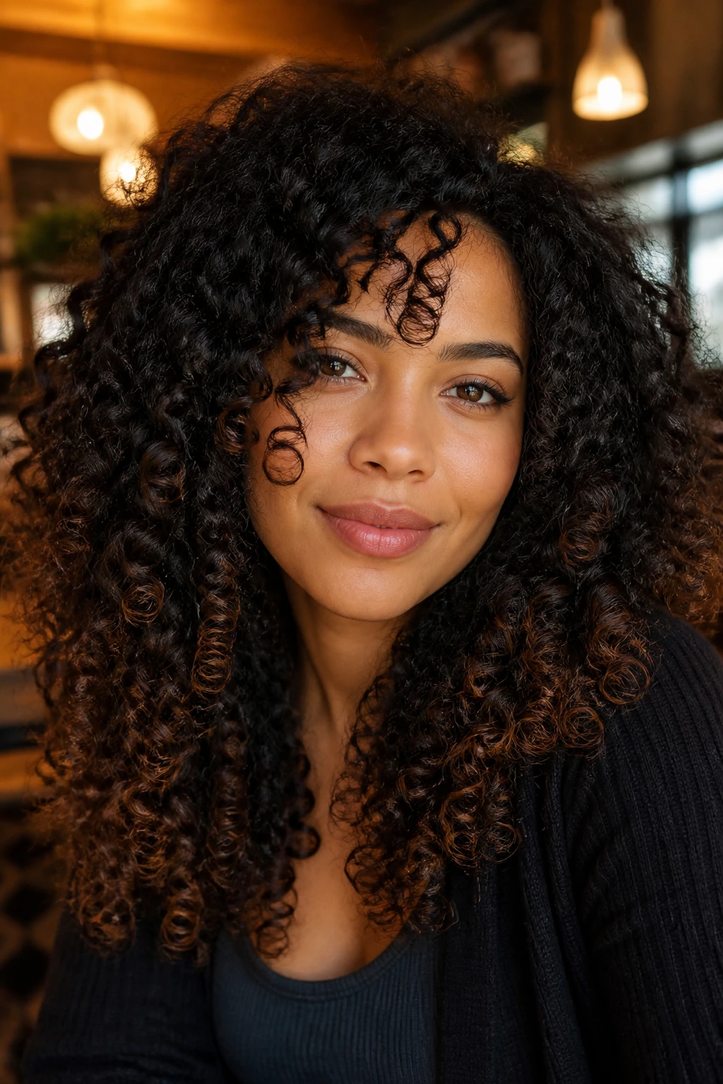 Close-up of black curls with cinnamon tips on olive skin.