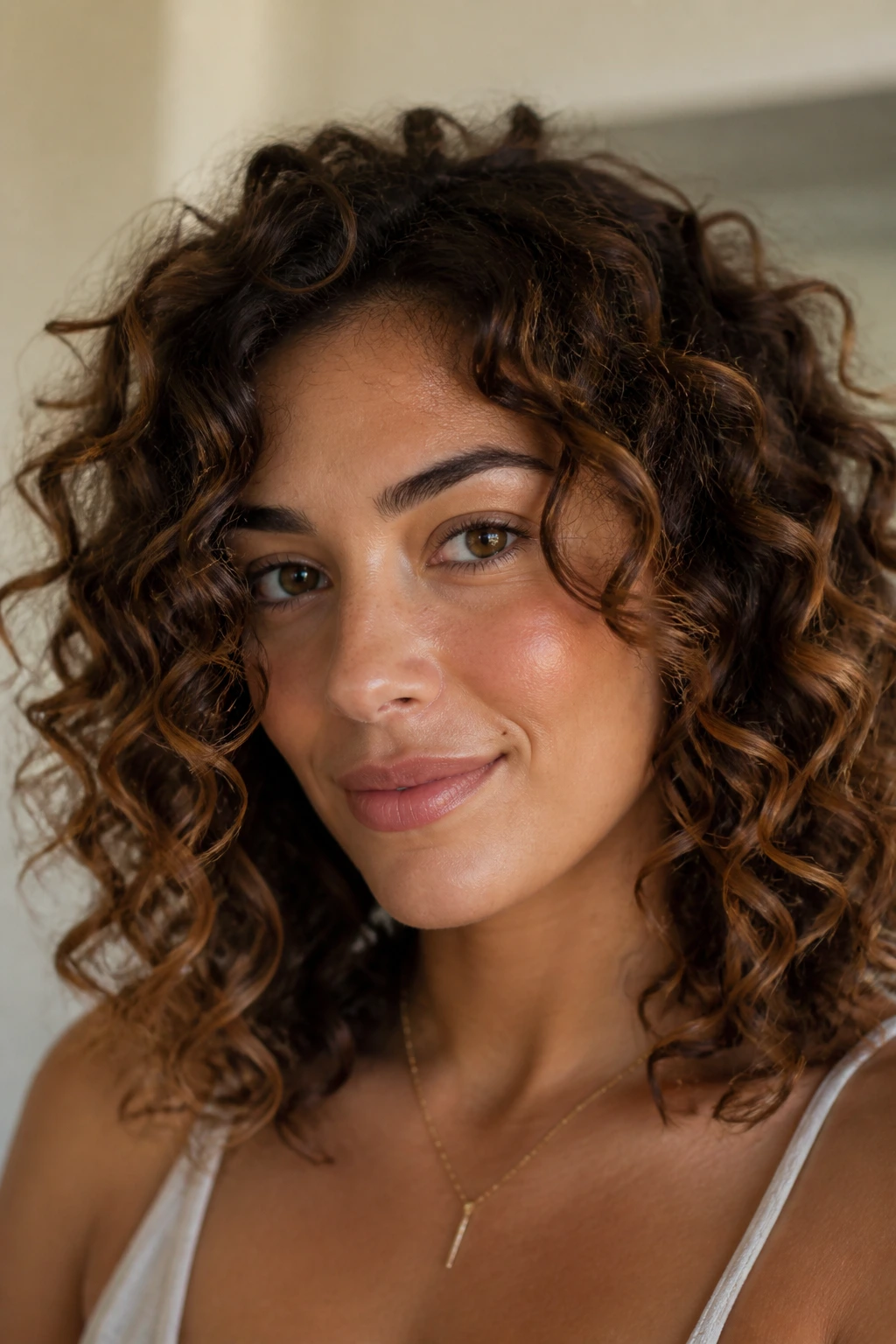 Close-up of a real woman with cinnamon-toned curls and olive skin in a softly lit room