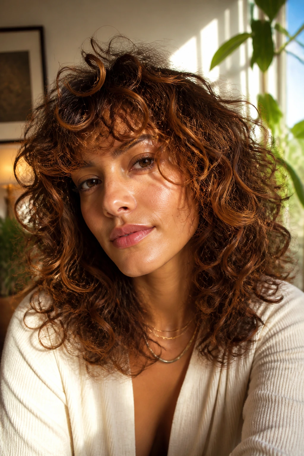 Close-up of a real woman with cinnamon curly shag in natural window light