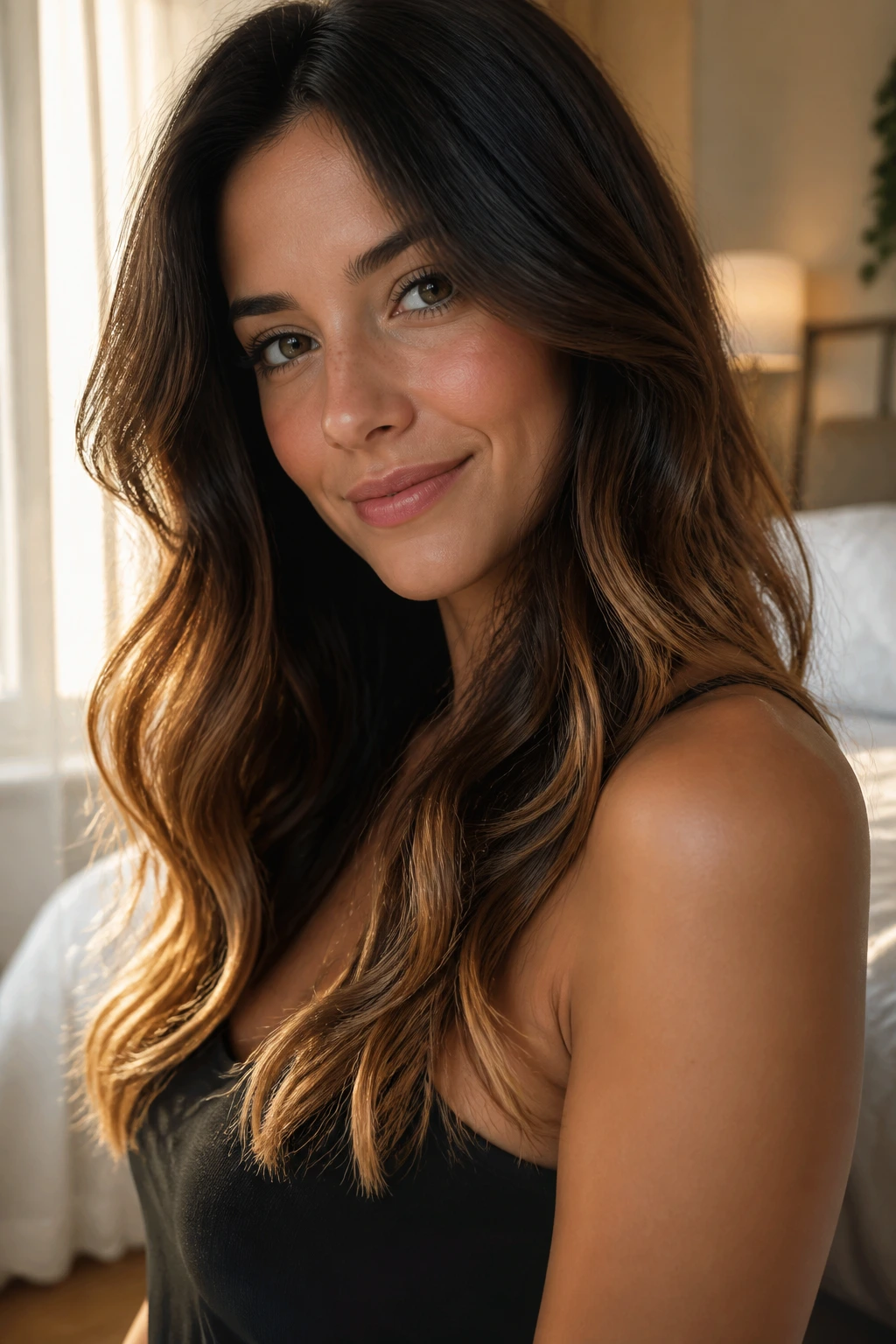Close-up of a real woman's brunette hair with cinnamon-dusted ends catching warm light