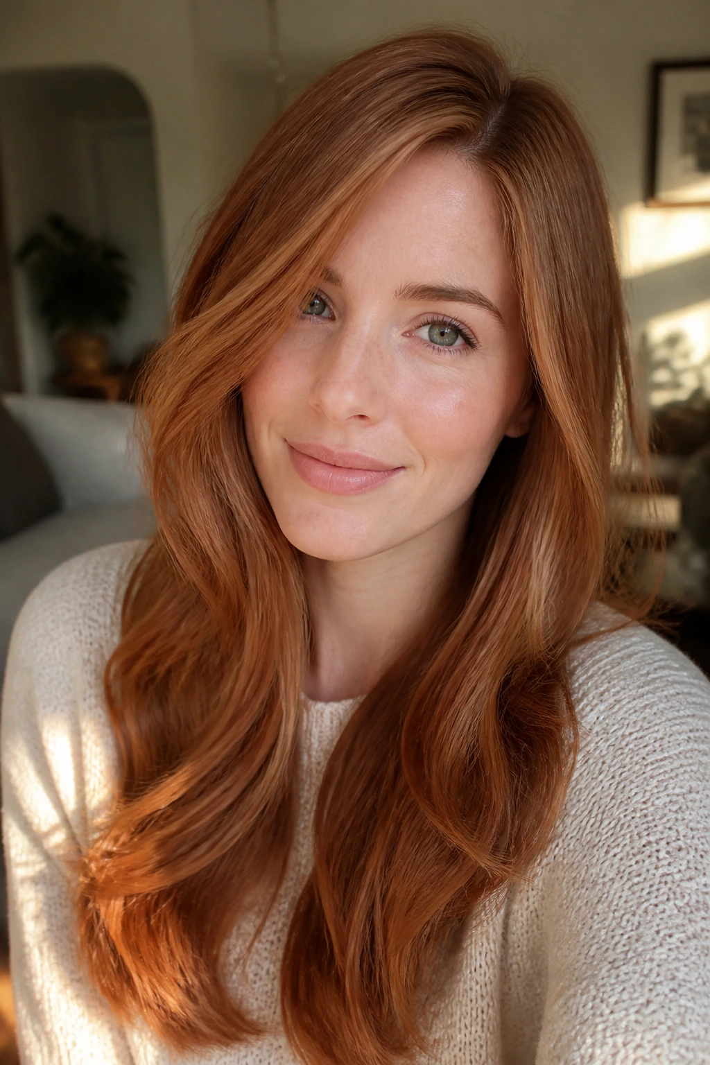 Portrait of a real woman with cinnamon-edge strawberry hair and a soft face-framing silhouette.