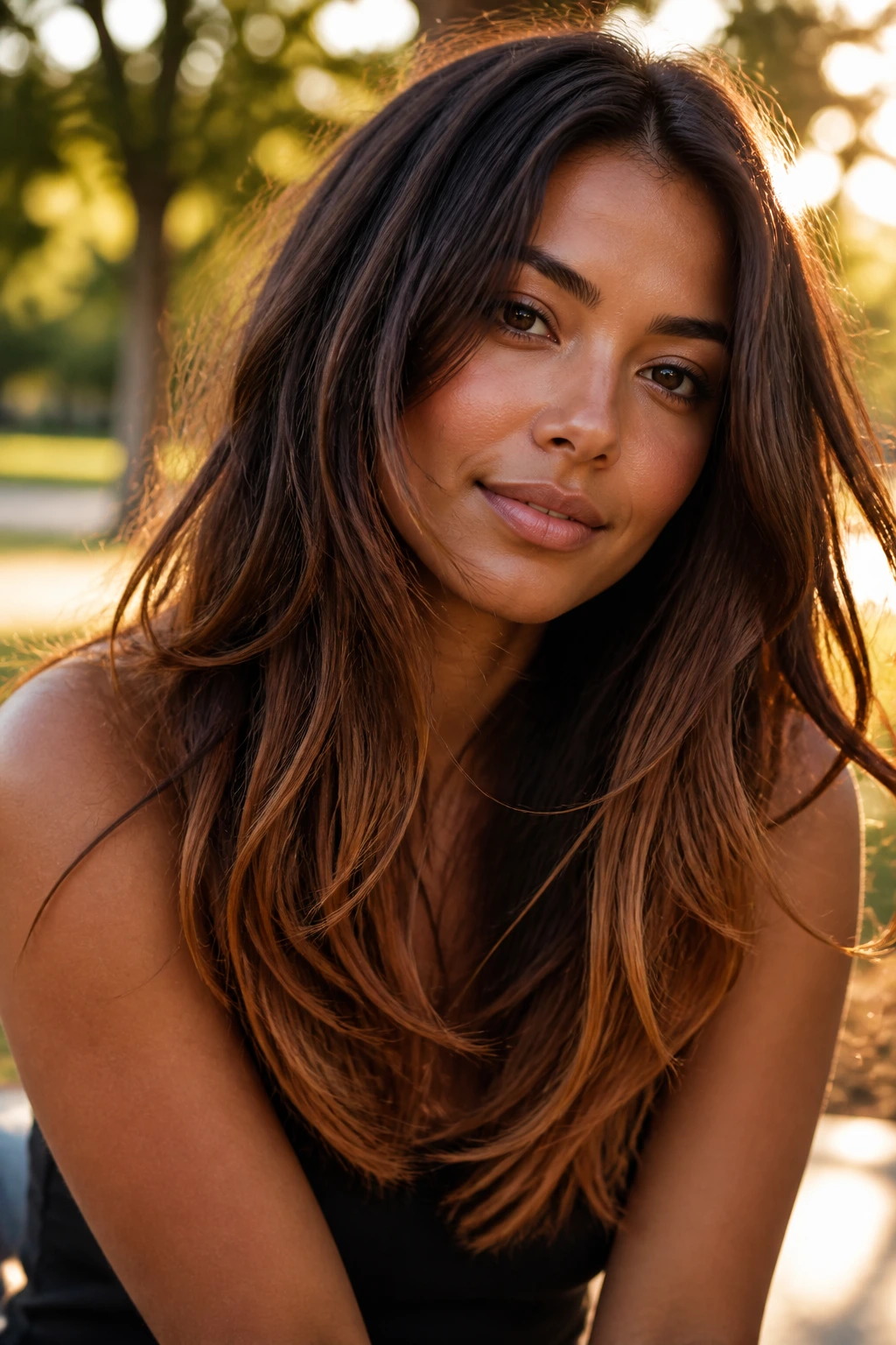 Portrait of a real woman with cinnamon-ended long layers in brunette outdoors at golden hour.