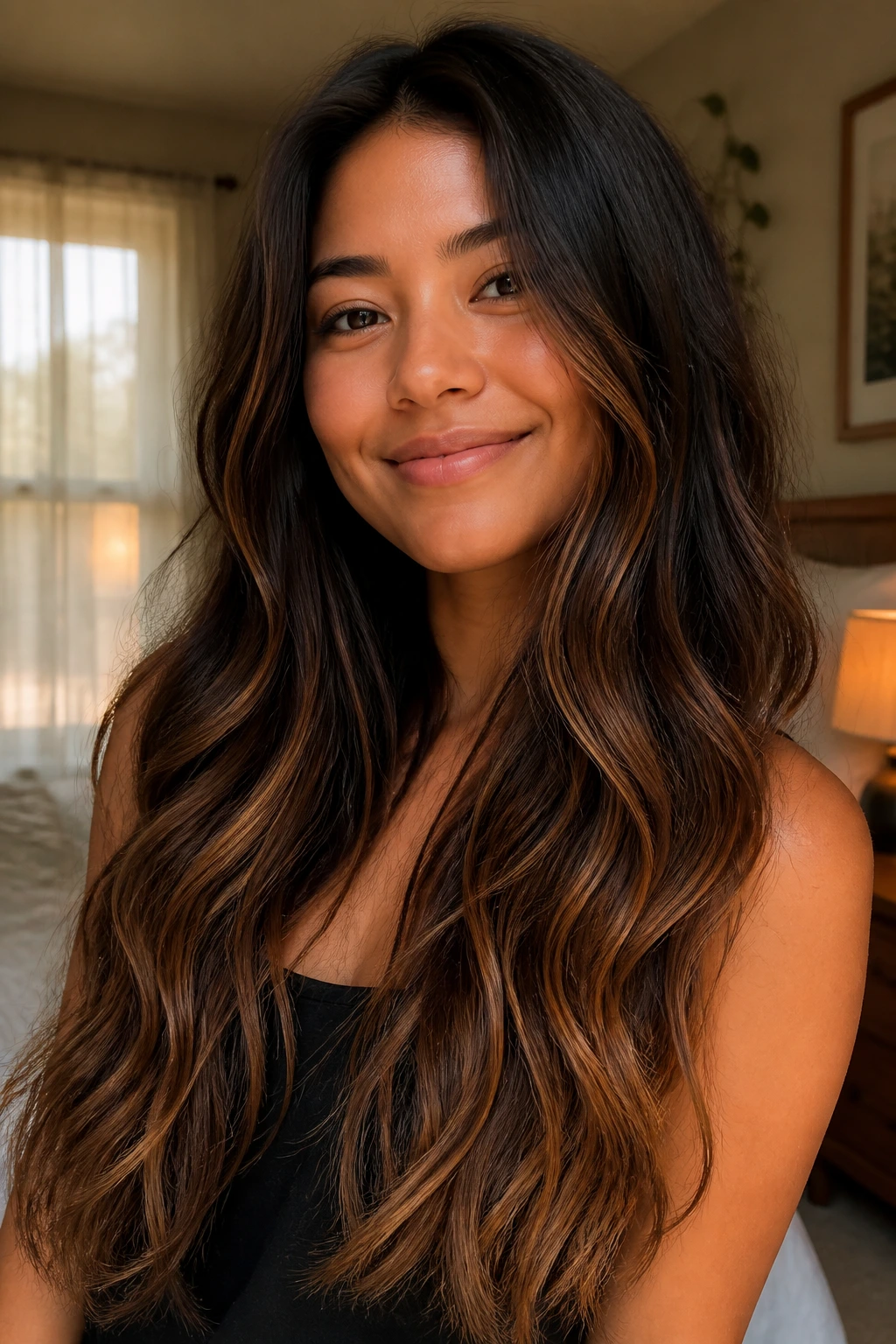 Close-up of a real woman with cinnamon-tinted hair ends in warm window light