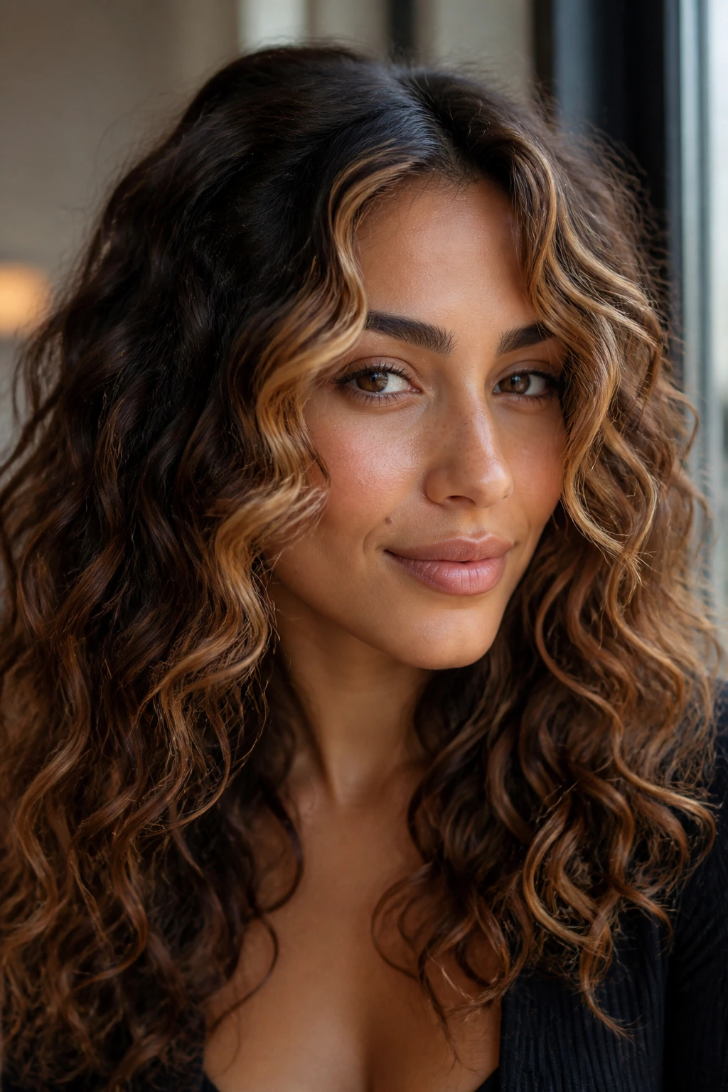 Face-framing cinnamon caramel highlights around temples on olive skin