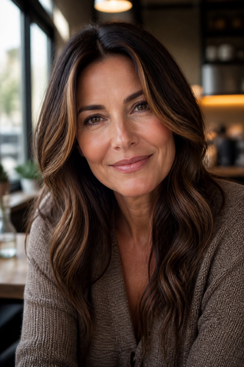 Close-up of a real woman with cocoa hair and cinnamon face frame highlighting the face.
