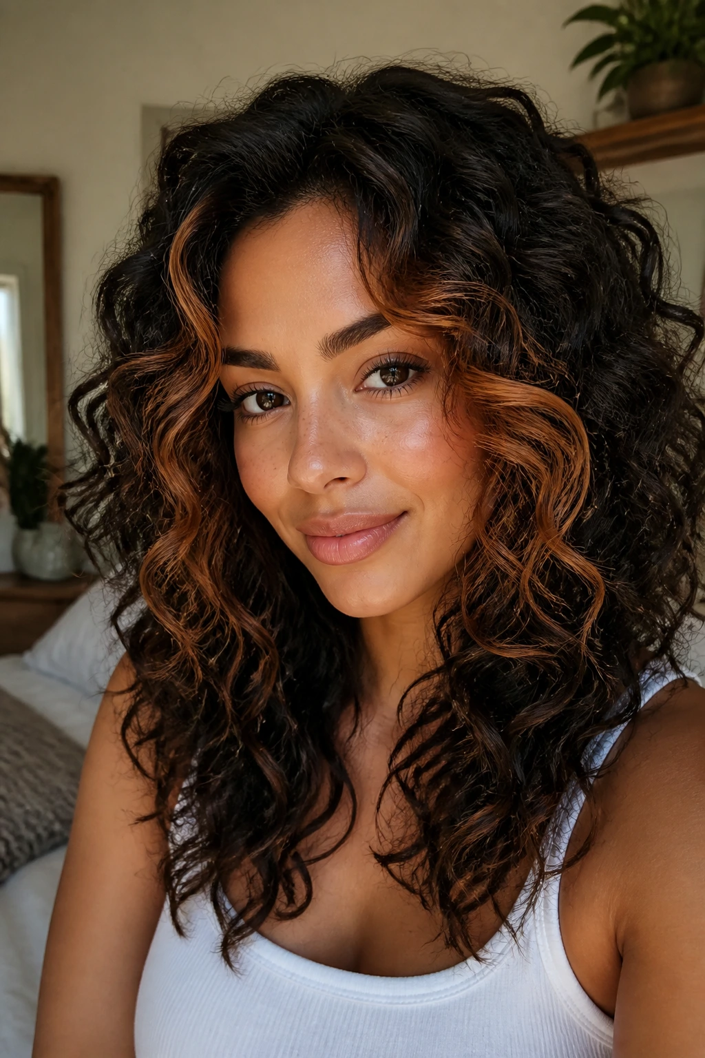 Close-up of a real woman's face-framing cinnamon highlights on dark curly hair