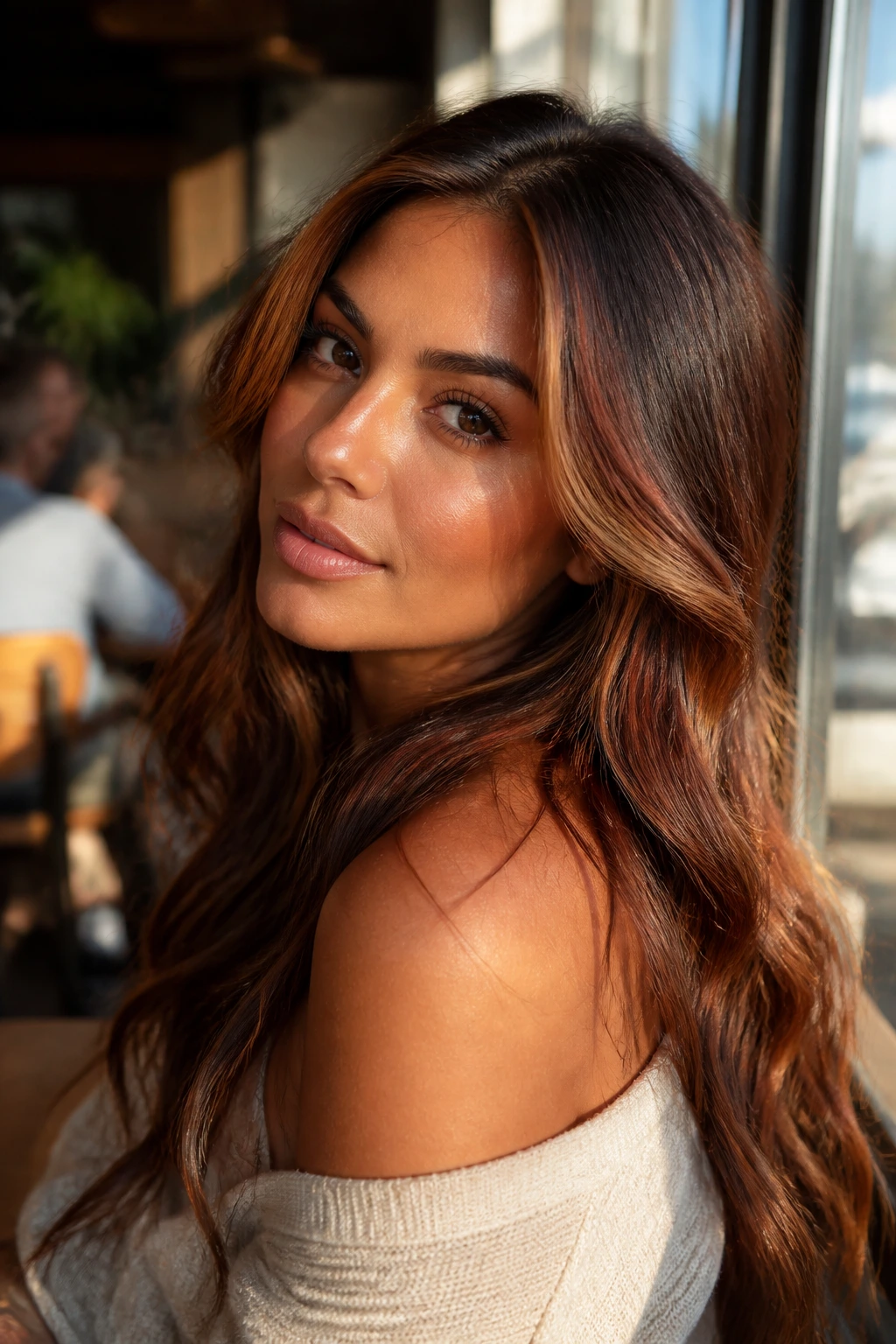 Close-up of a real woman with cinnamon framing hair on tan skin in warm window light